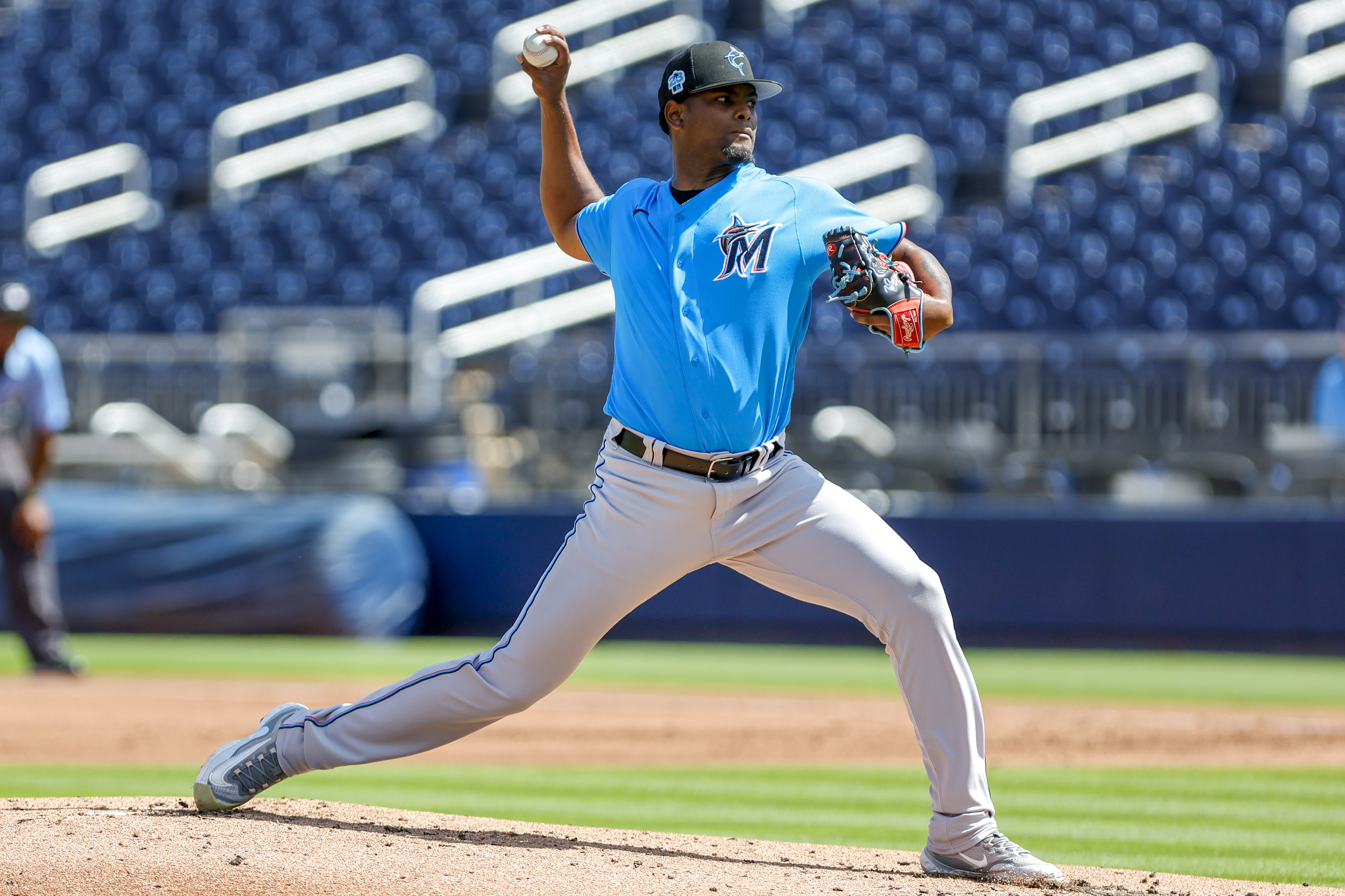 West Palm Beach, Florida, USA; Miami Marlins starting pitcher Edward Cabrera (27) delivers a pitch during the first inning against the Washington Nationals at The Ballpark of the Palm Beaches.