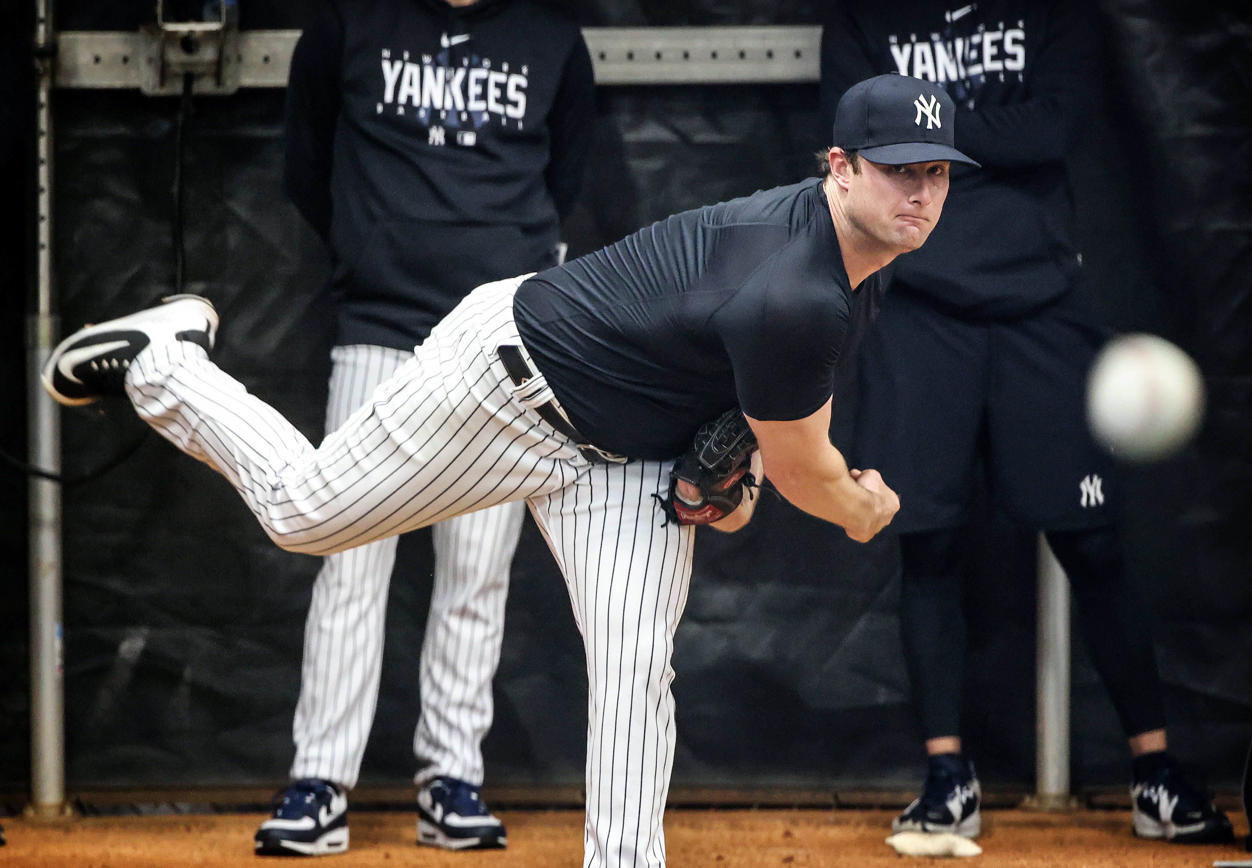 New York Yankees Gerrit Cole throws a bullpen session during spring training