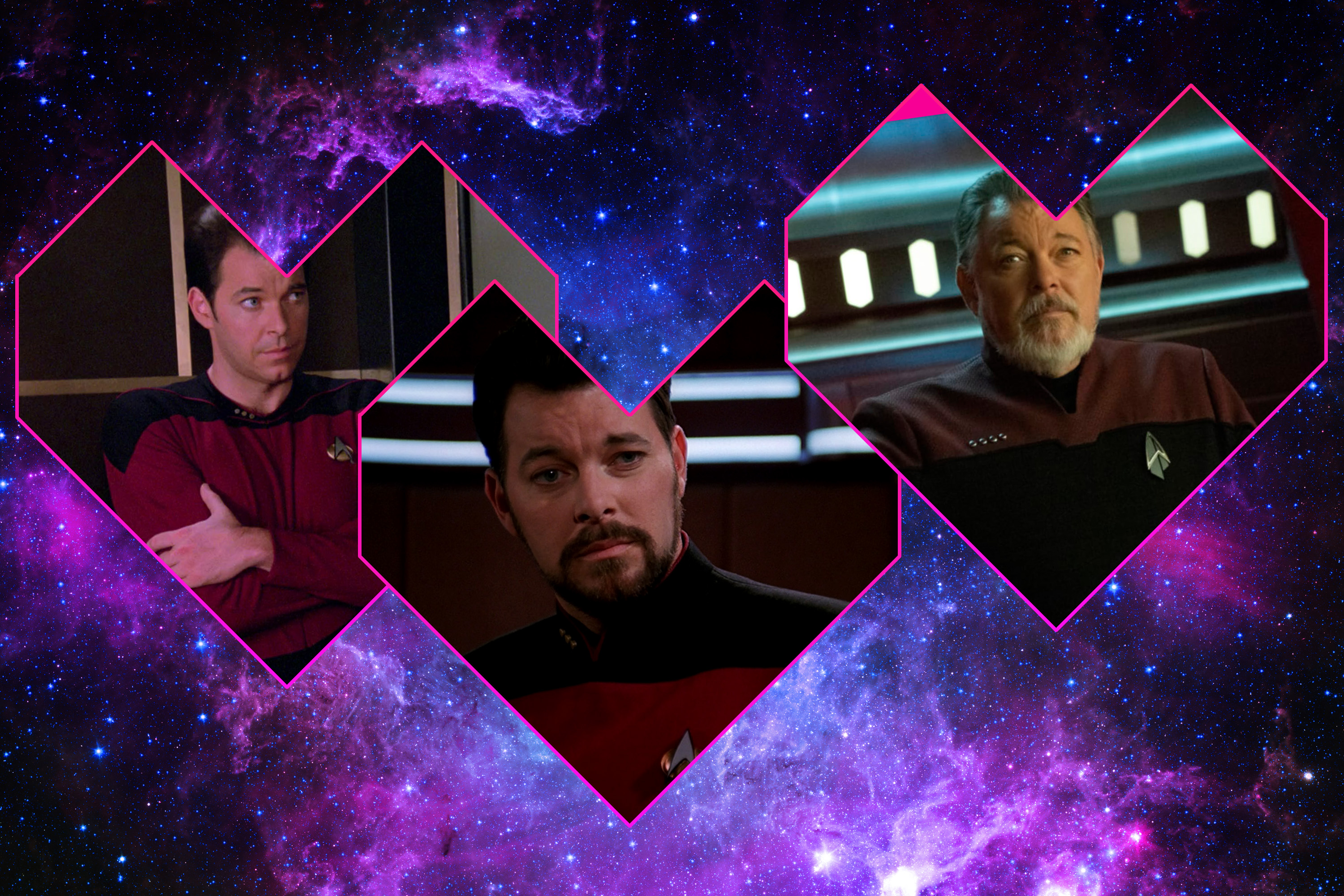A graphic depicting young, middle-aged, and old Riker posing on various federation starships, framed by a set of three hearts with a galaxy swirling in the background
