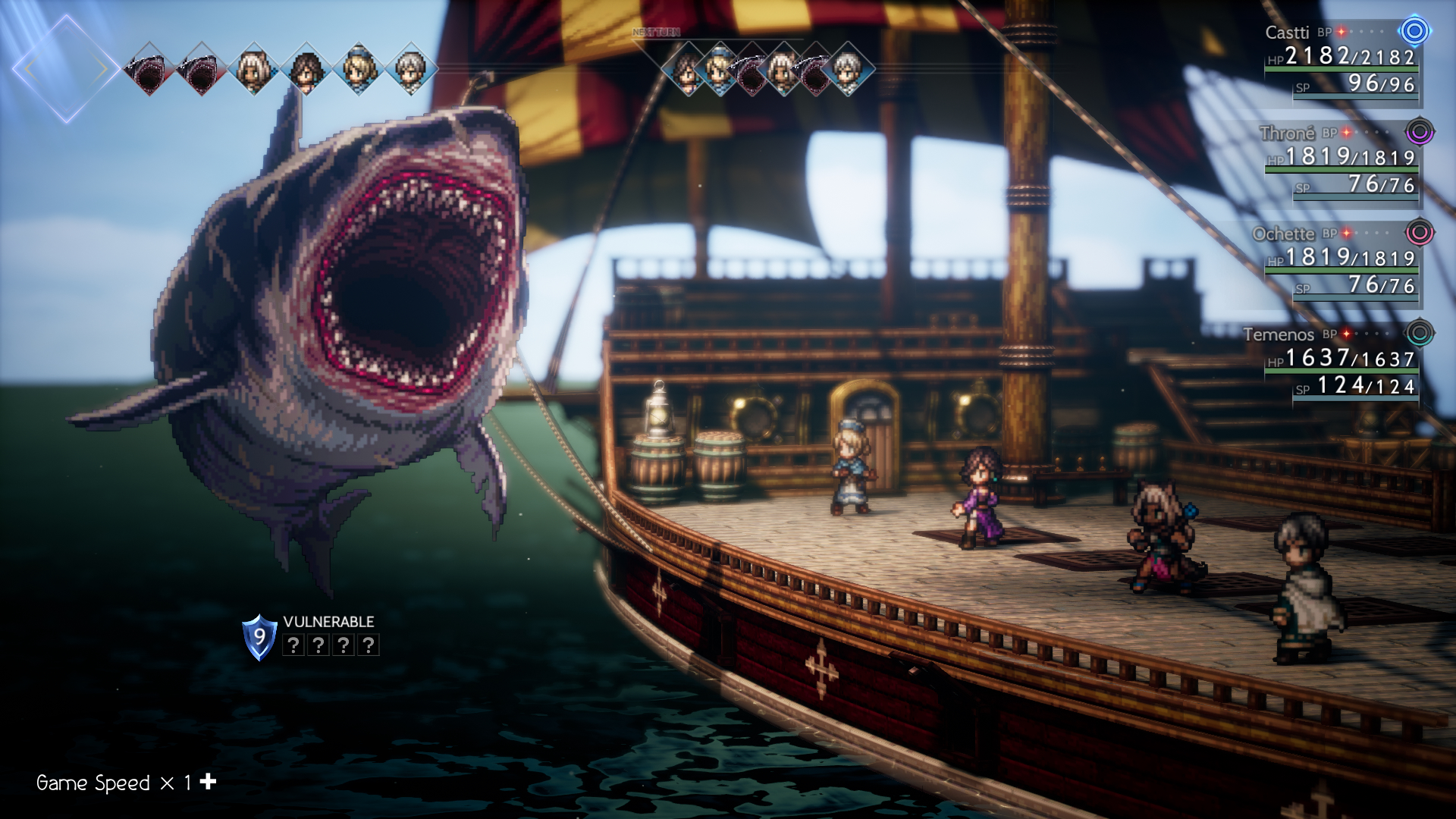 A giant shark menaces a line of four pixelated characters standing on the deck of a ship in Octopath Traveler 2
