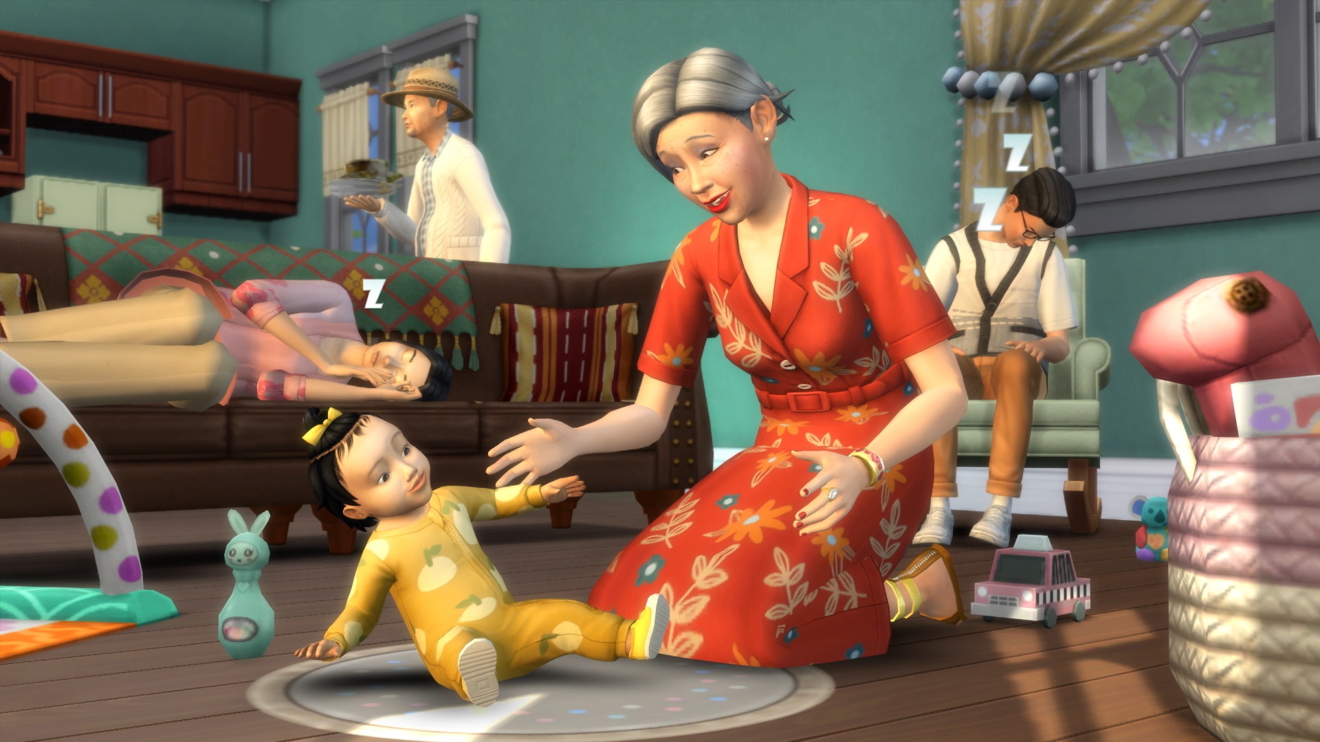 The Sims 4 - An older grandma Sim dotes over a baby Sim as a family goes about their daily life in the living room.