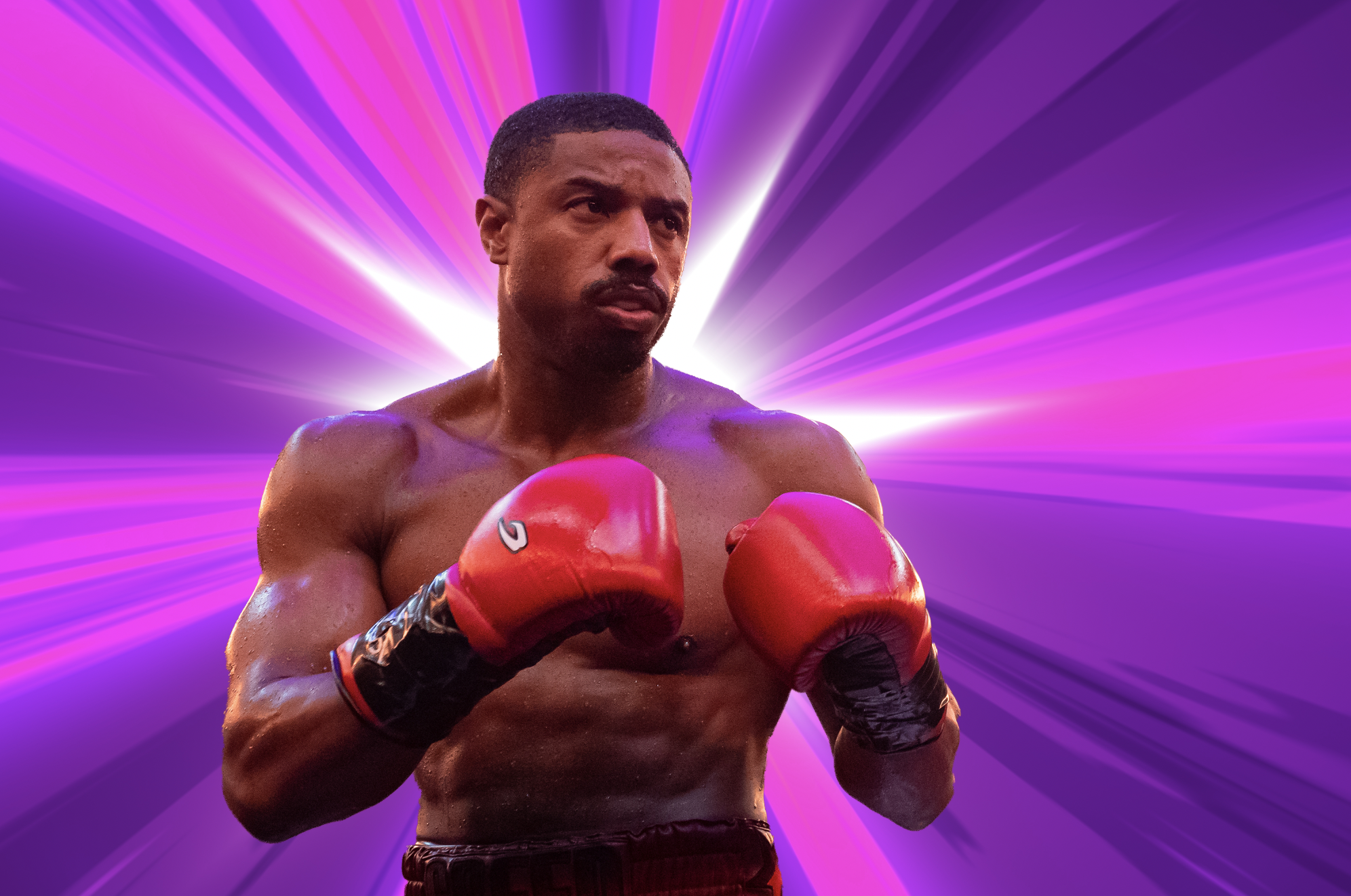 Michael B. Jordan’s Creed standing with shirt off and boxing gloves with an anime-style purple light explosion happening behind him