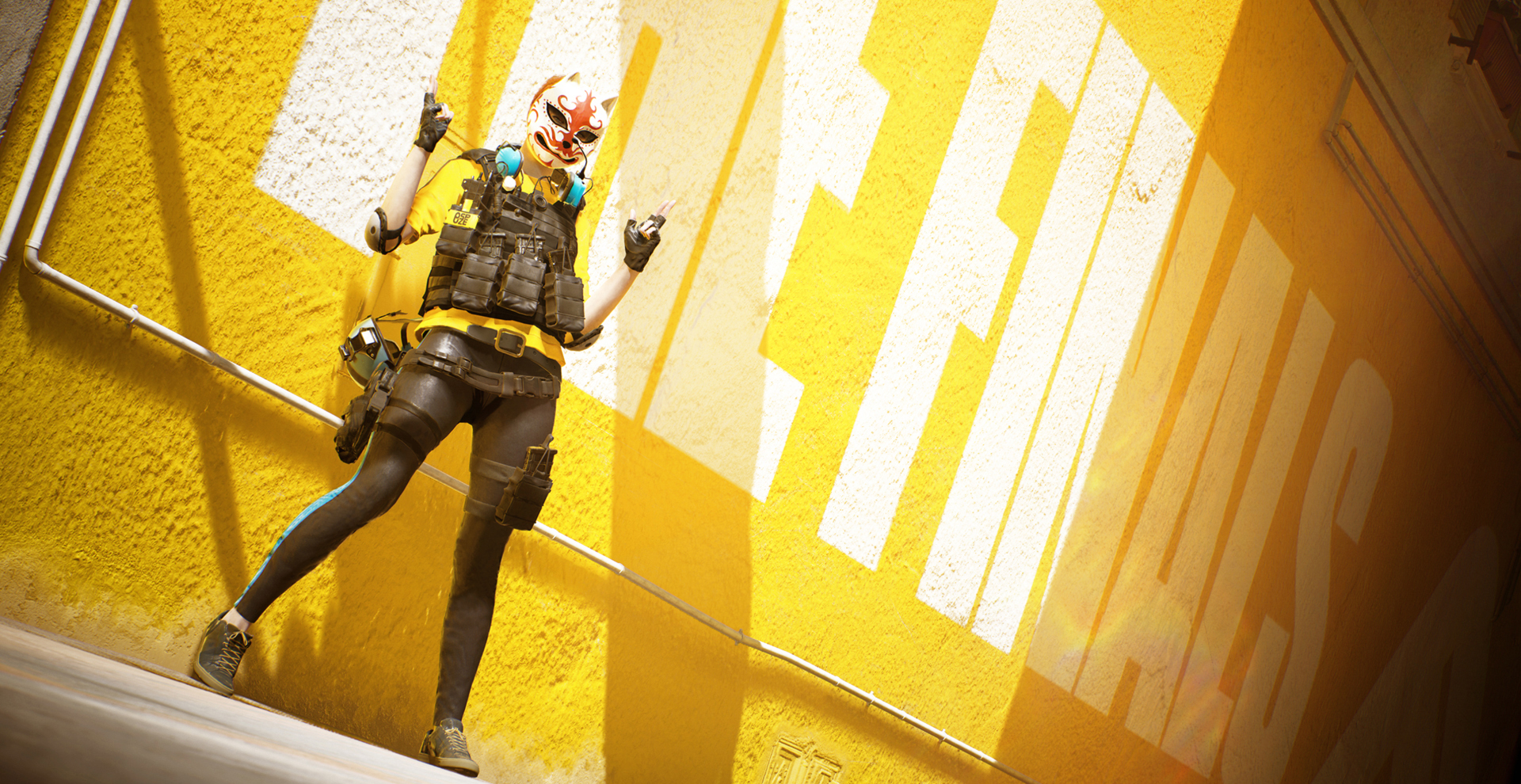A character wearing a mask poses in front of a wall that reads THE FINALS