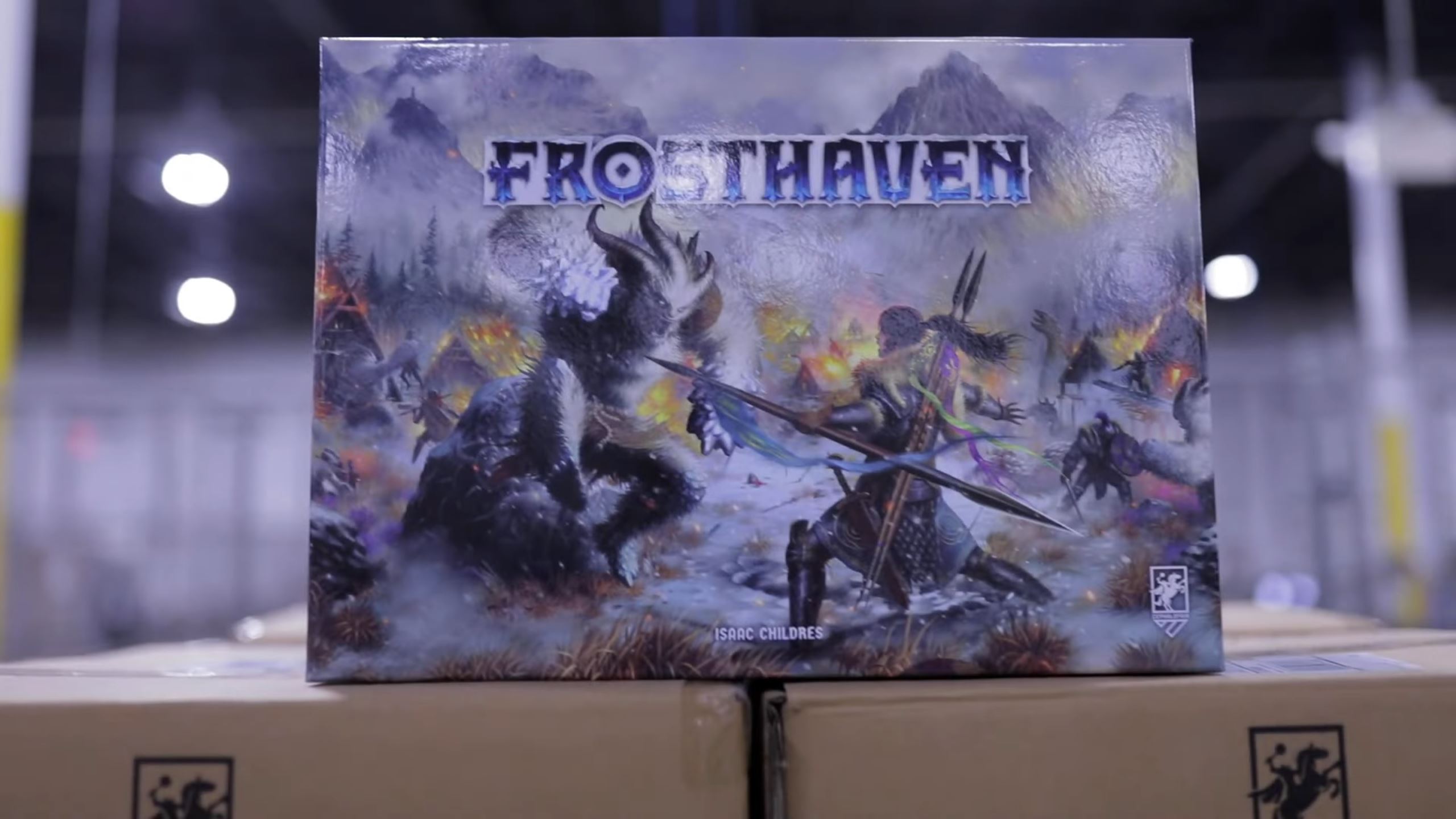 A picture of Frosthaven as it begins to ship out to customers from a distribution center.