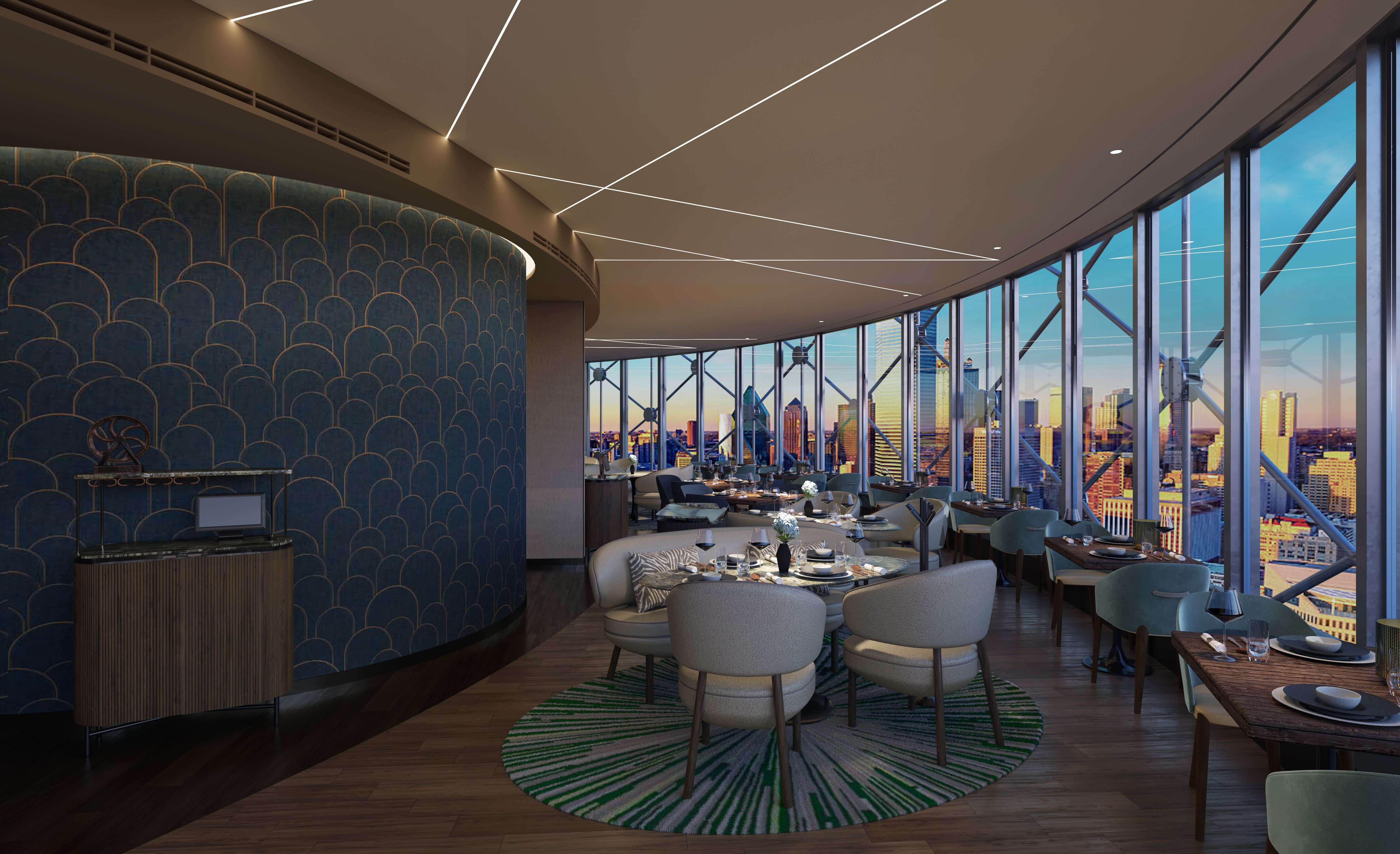 A dining room features wooden tables, grey chairs, blue and gold art deco style wallpaper, and 360 degree views of the Dallas Skyline.
