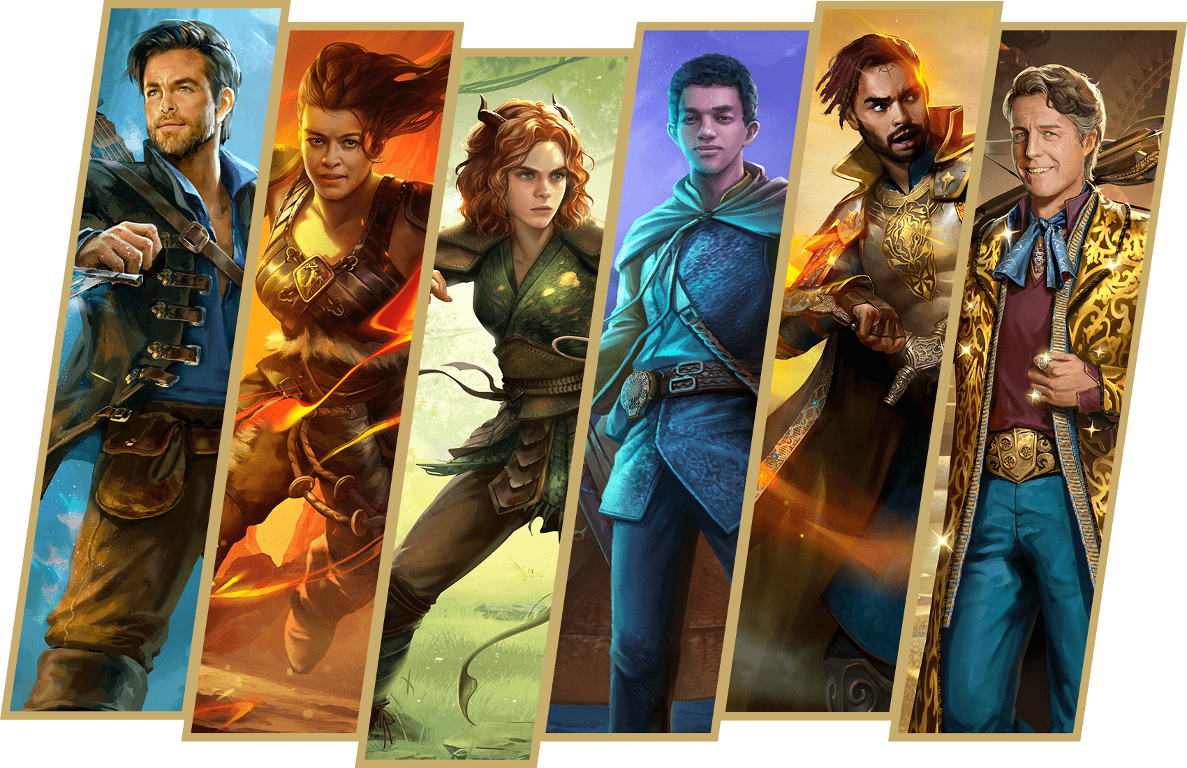 six fantasy illustrations. in order: a charming bard played by chris pine; a warrior woman played by michelle rodriguez; a young tiefling druid played by sophia lillis; a sorcerer played by justice smith; a paladin played by rege jean page; and a smirking rogue played by hugh grant
