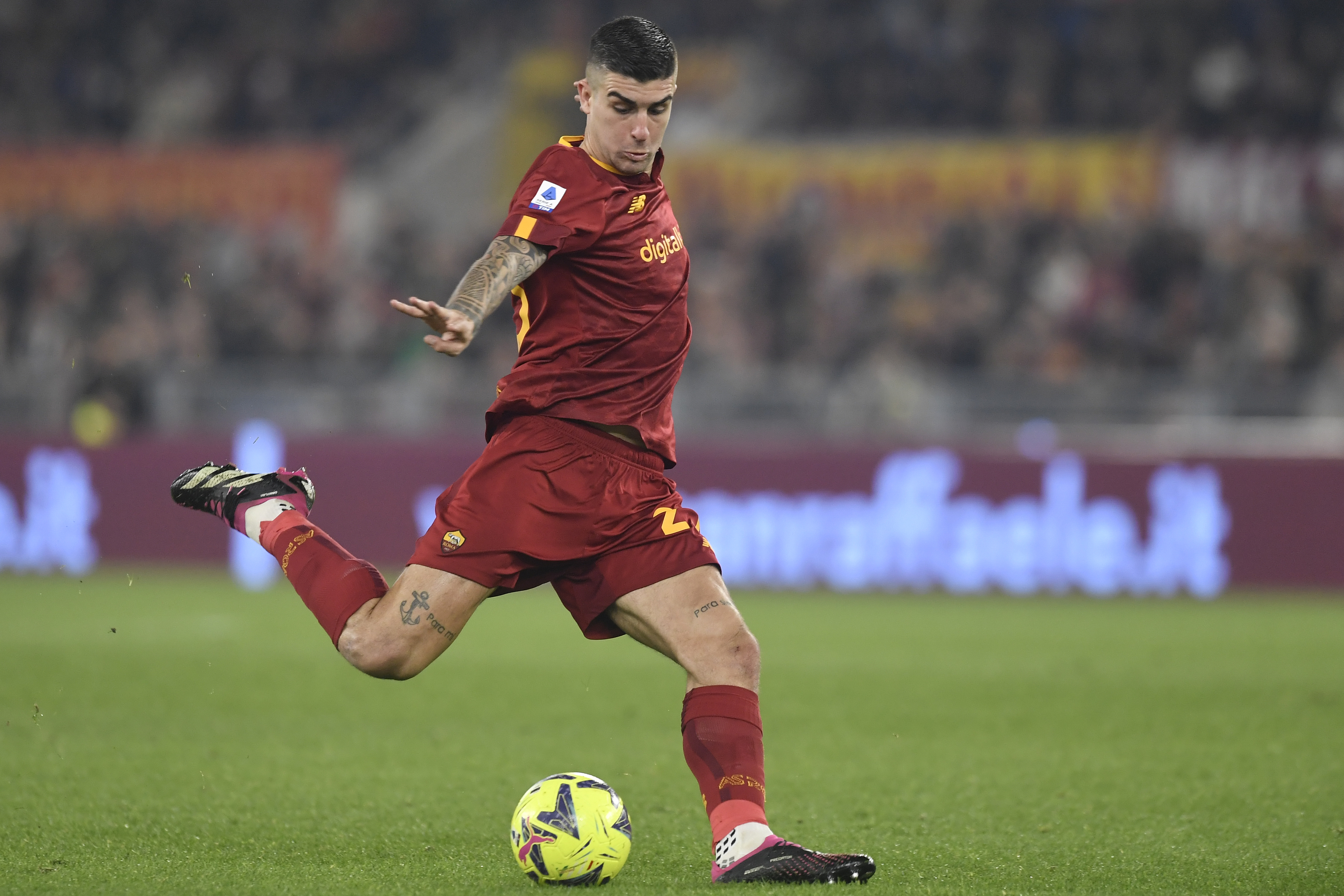 Gianluca Mancini of AS Roma scores the goal of 1-0 during...