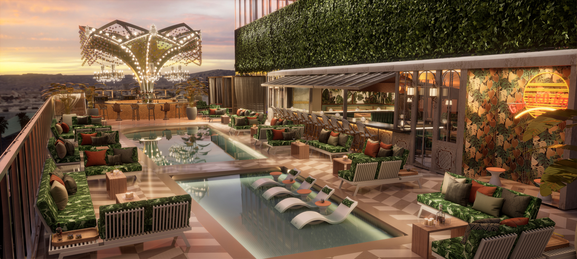 An illustration for a bar lounge with pool and seats at Level 8.