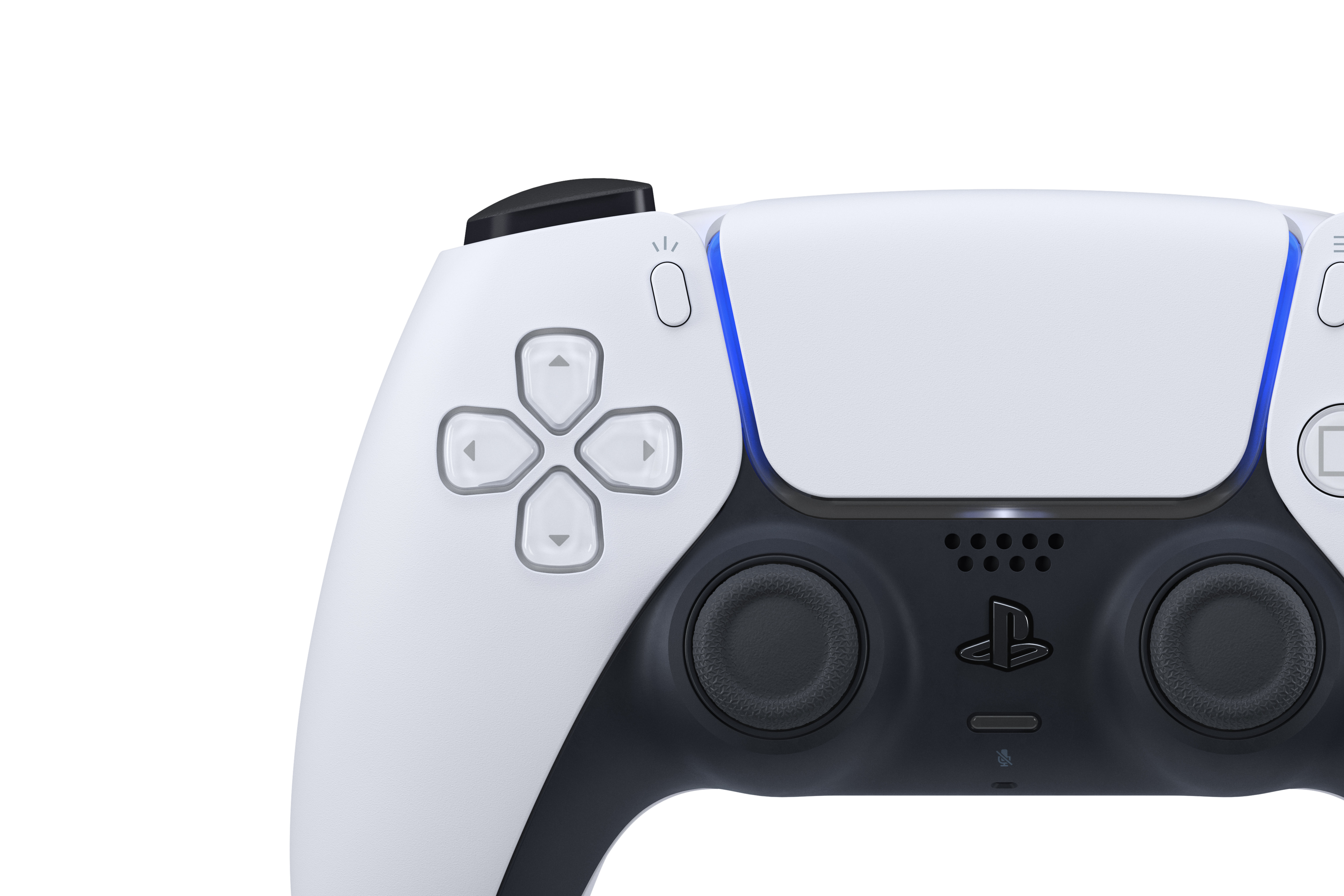 a product photo from the front of the PlayStation 5 controller, the DualSense, showing a close-up of the D-pad and analog sticks
