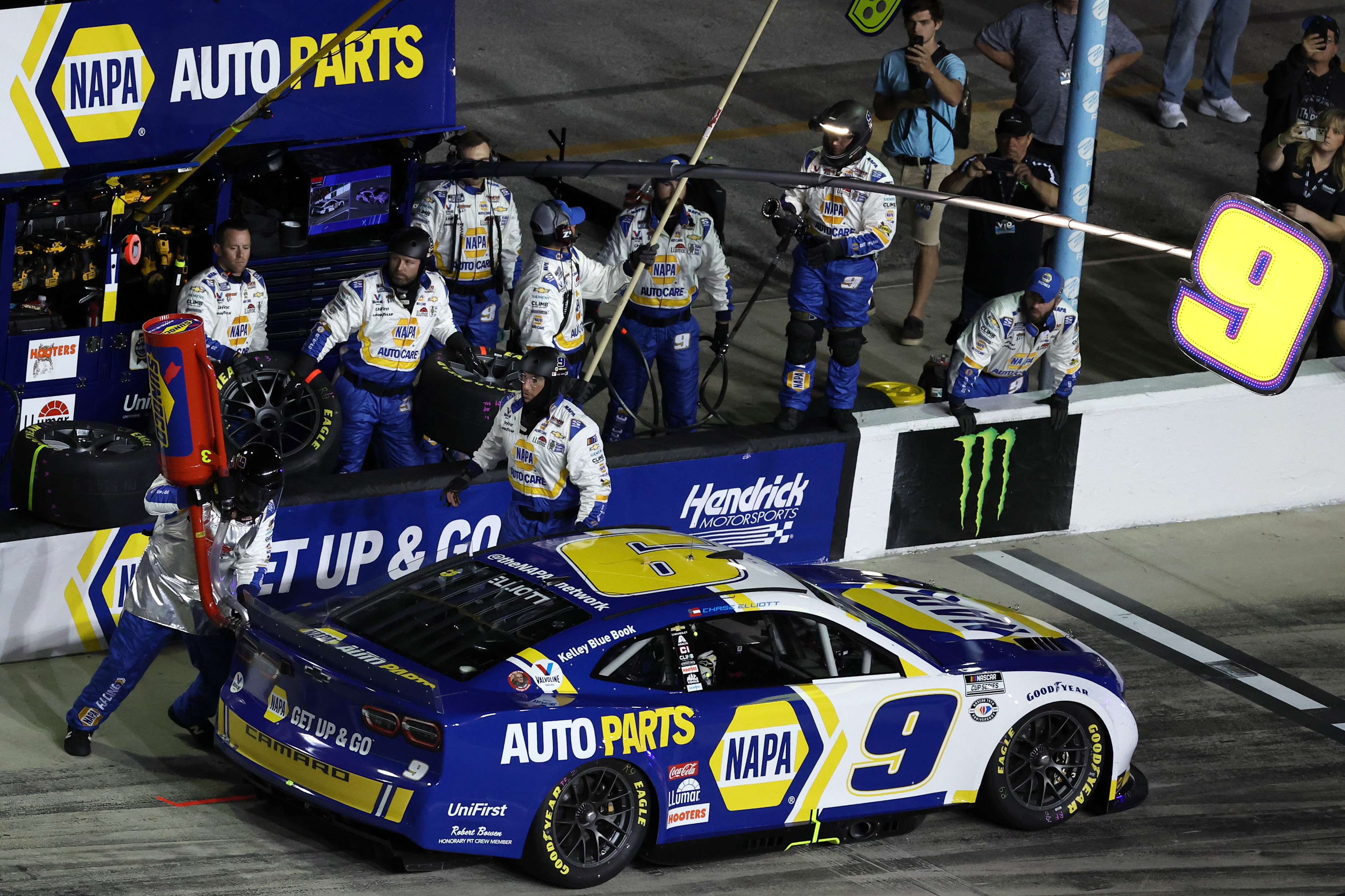 Chase Elliott, driver of the #9 NAPA Auto Parts Chevrolet, pits during the NASCAR Cup Series Bluegreen Vacations Duel #2 at Daytona International Speedway on February 16, 2023 in Daytona Beach, Florida.
