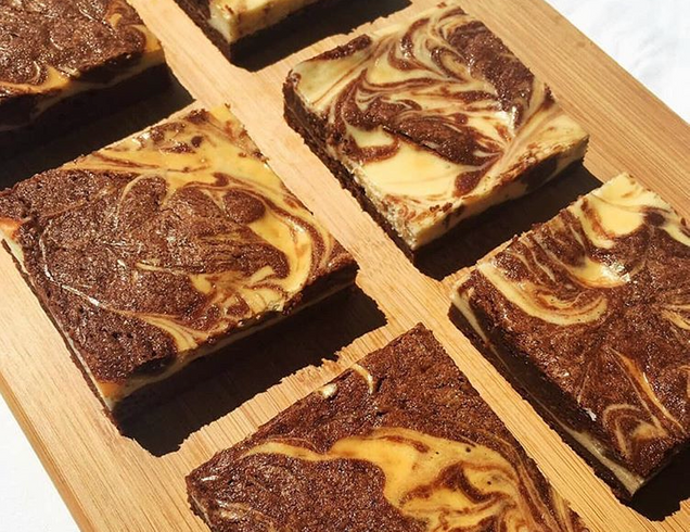 Squares of swirly brownies.