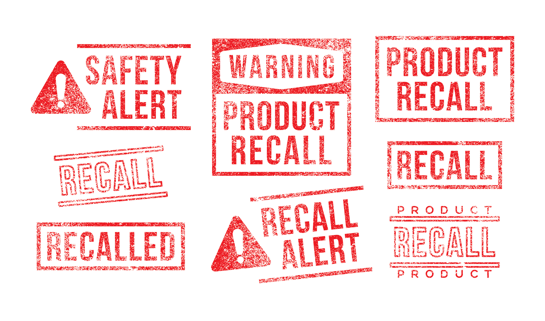 A bunch of product recall and safety alert stamps.