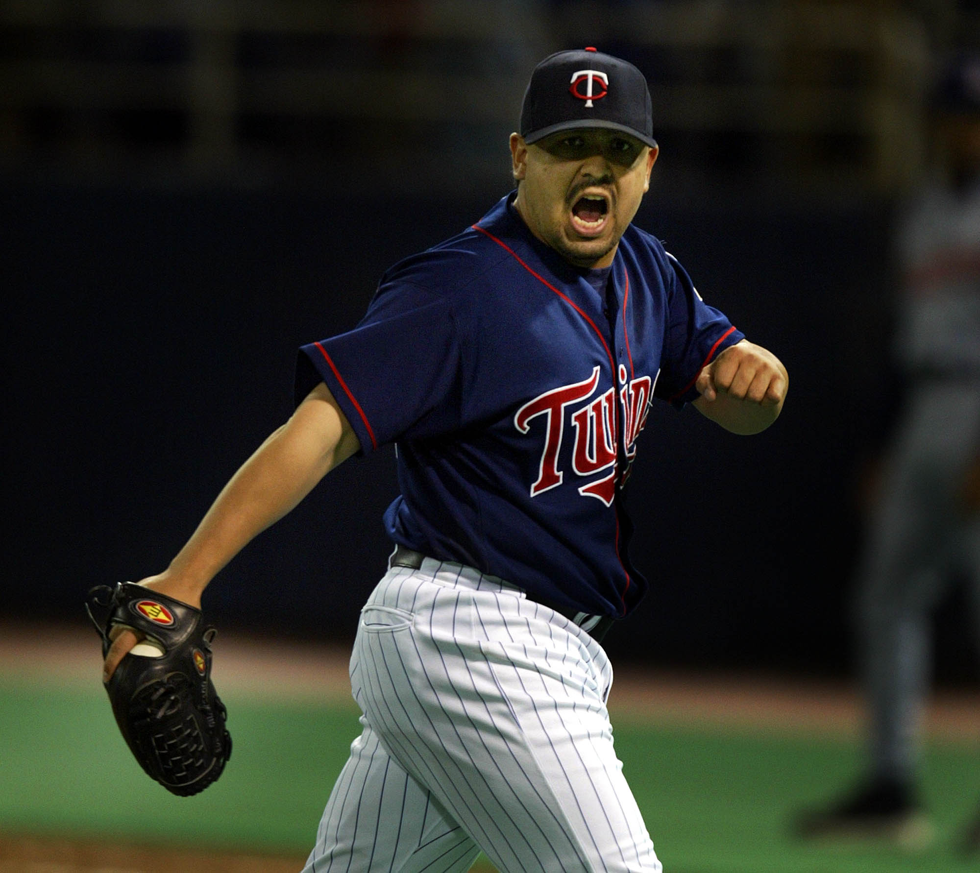 Minneapolis MN, 9/23/03 Twins Clinch---Twins closer Eddie Guardado clebrated their 4-1 win of Cleveland on Tuesday night. The Twins won their second American League Central divison Championship.