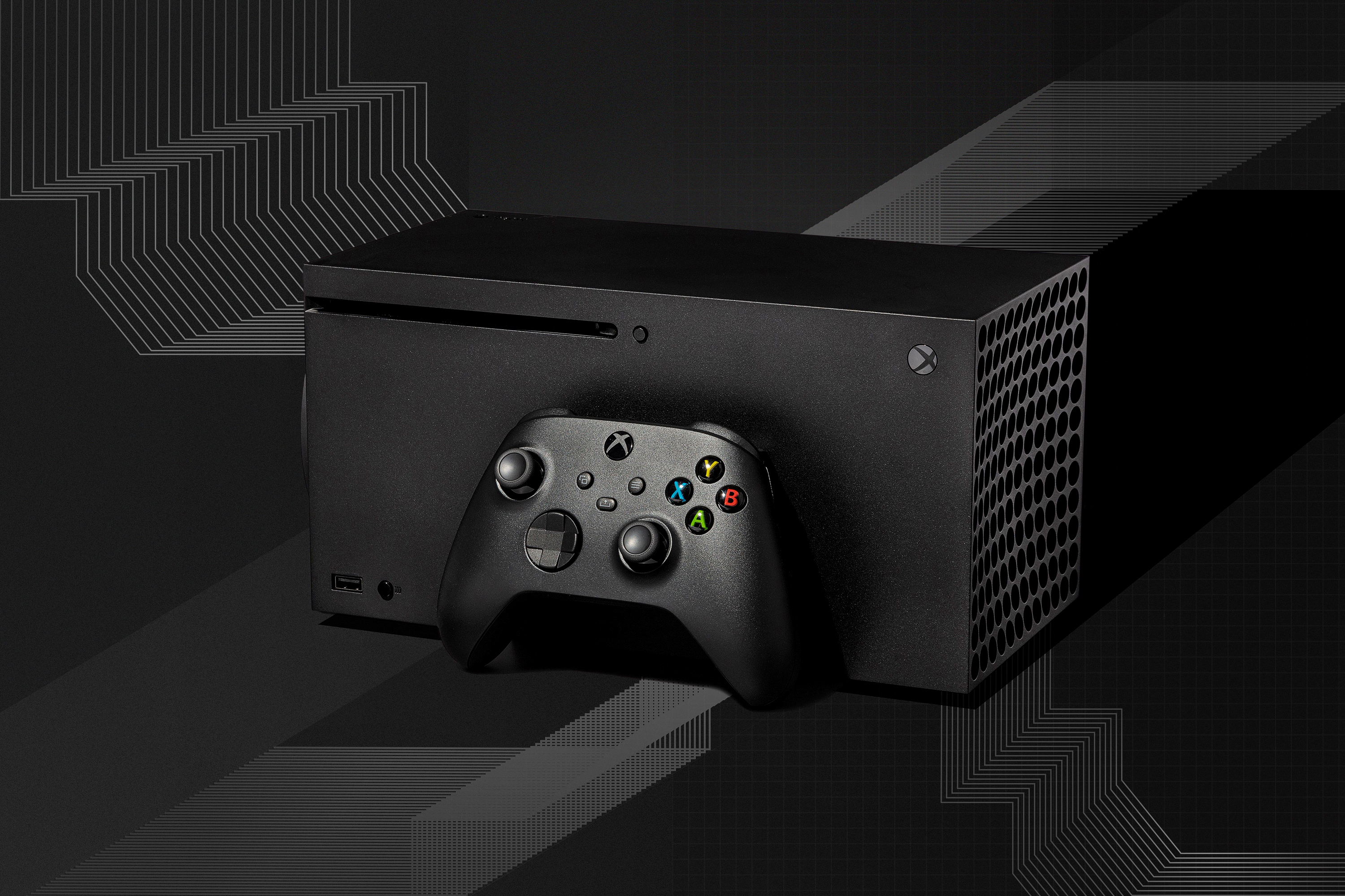 Xbox Series X console and controller on a graphic linear background