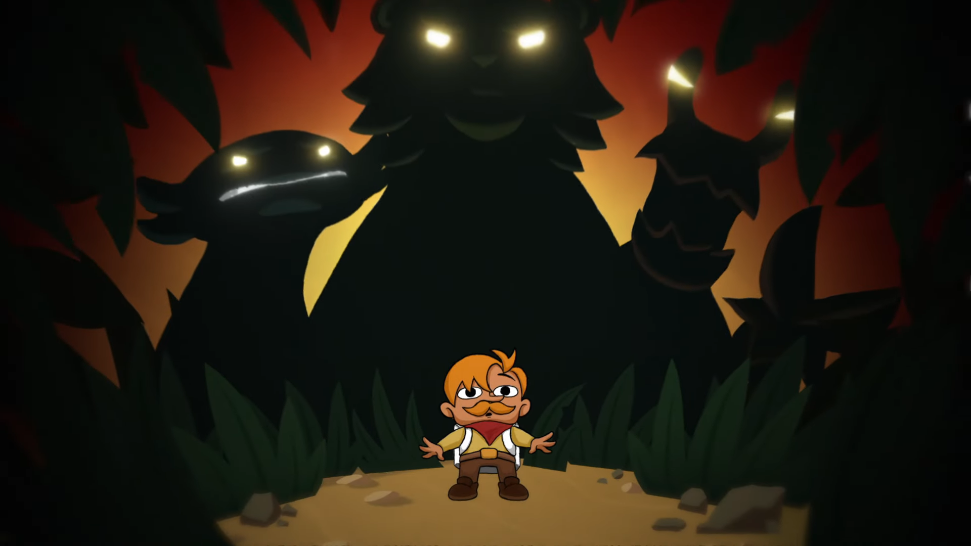 Explorer standing in front of three huge looming monsters shrouded in darkness in Patch Quest