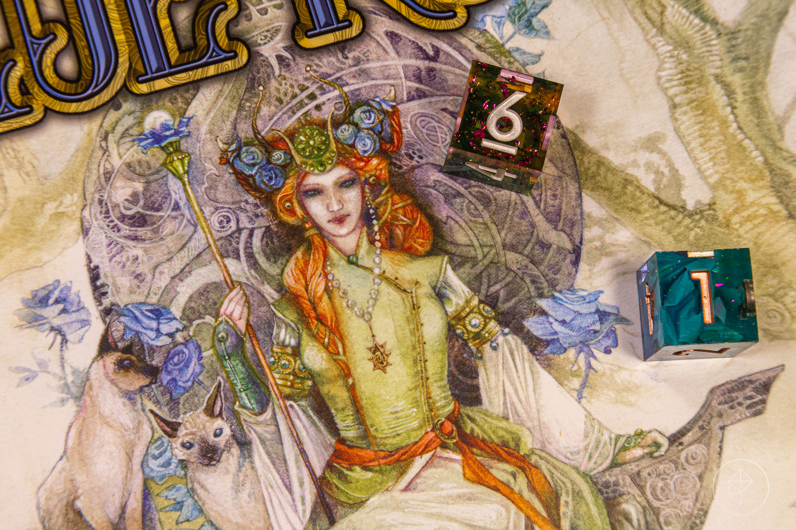 A queen, perhaps of a fairy realm, stares back at the viewer from the cover of Blue Rose by Green Ronin. She holds a sceptre, and is flanked by cats.