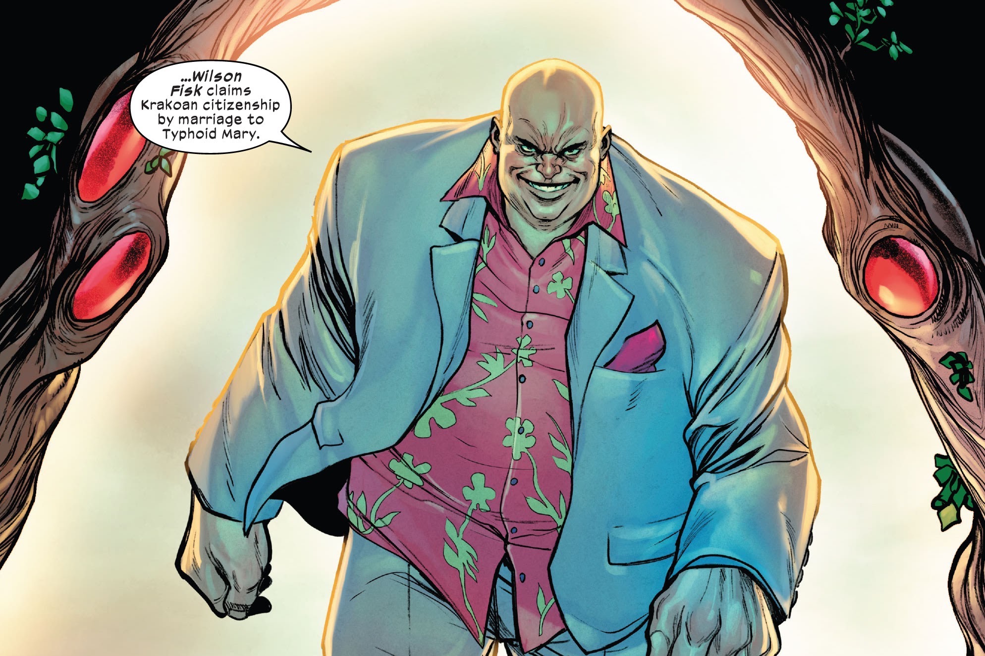 Wilson Fisk, wearing his traditional white suit and loud shirt, strikes through a Krakoan gate, and says with a sinister grin: “Wilson Fisk claims Krakoan citizenship by marriage to Typhoid Mary” in X-Men #20 (2023).