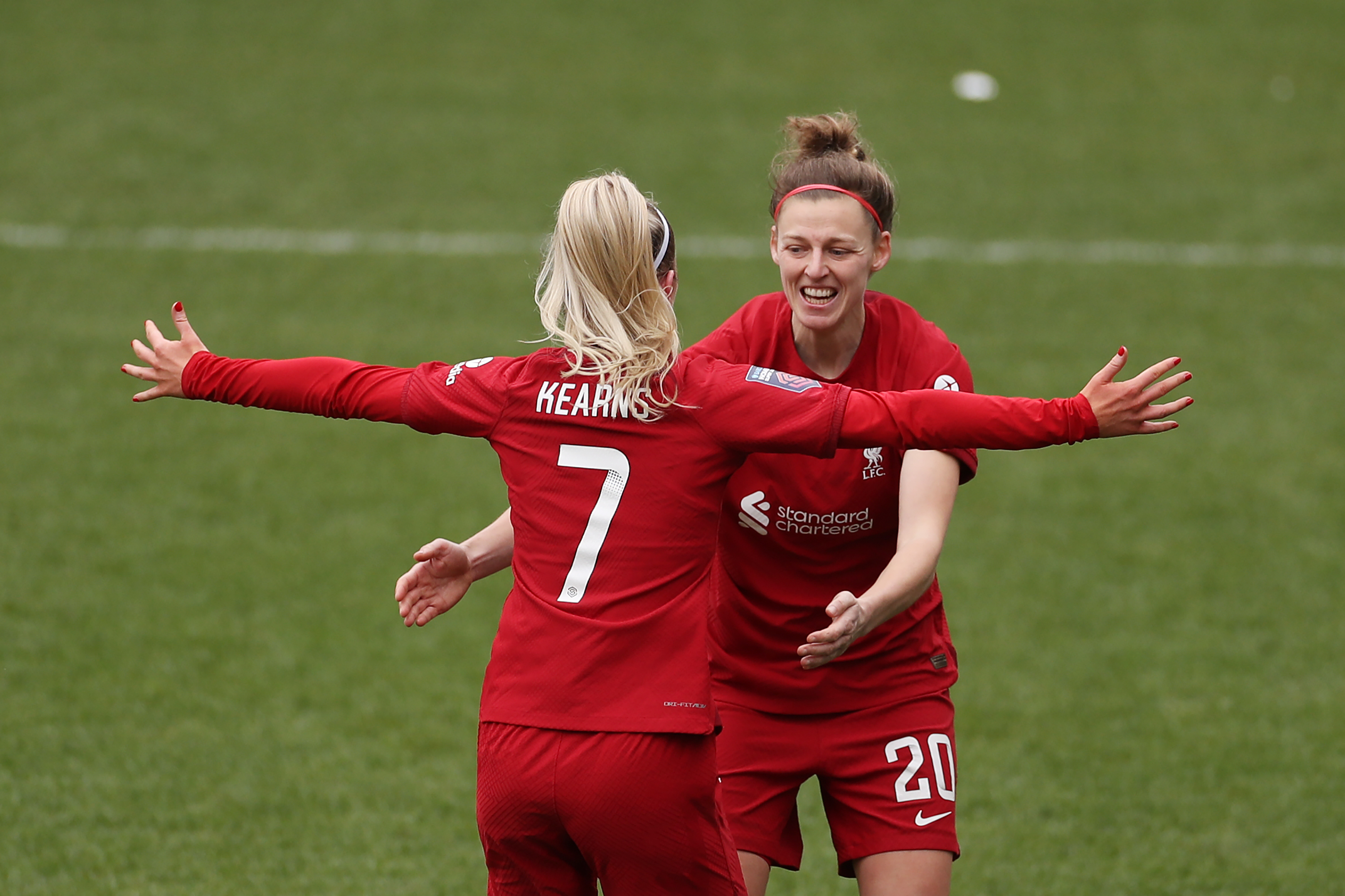 Missy Bo Kearns of Liverpool celebrates with teammate Yana Daniels after scoring the side’s second goal during the FA Women’s Super League match between Liverpool and Tottenham Hotspur at Prenton Park on March 12, 2023 in Birkenhead, England.