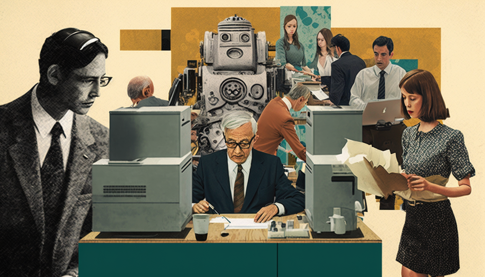 An illustrative image showing a collage of workers with documents, desks, and other office supplies, created by the AI tool Midjourney.