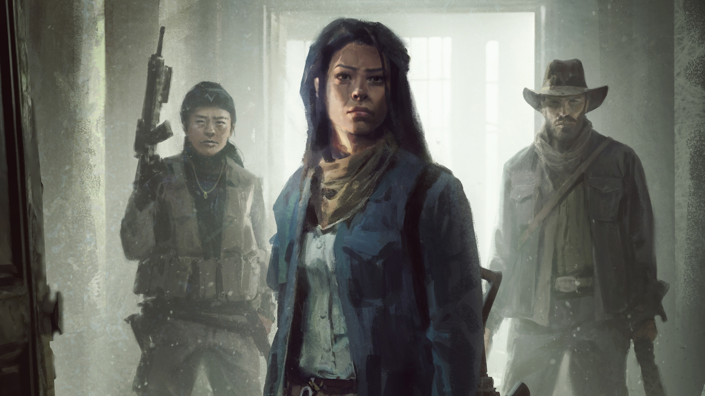 A Black woman, an Asian man, and a white guy in a cowboy hat stand in the vestibule of a rundown house, lit from behind. They stare out of the frame at the viewer, and are all armed with rifles.