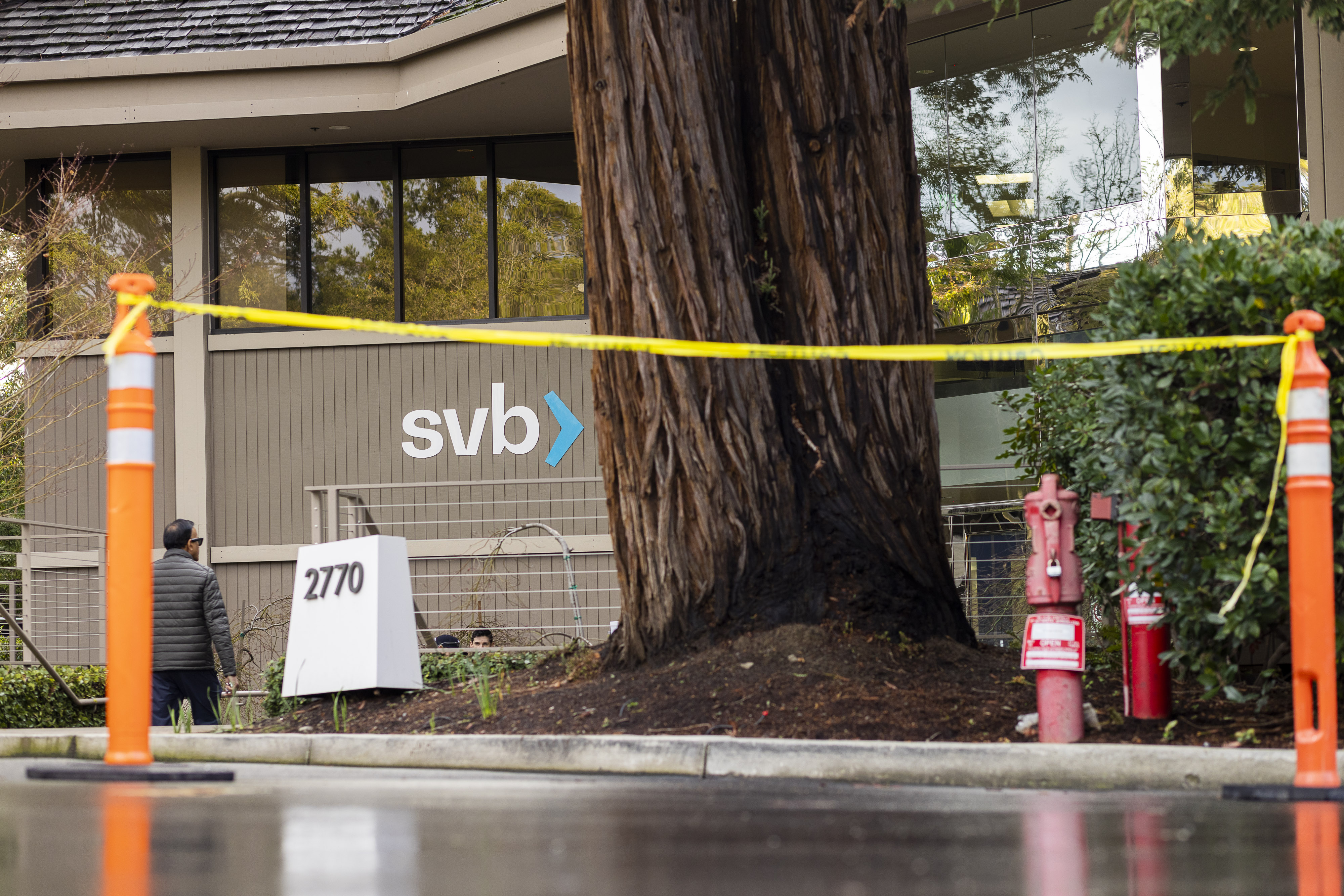 A caution tape outside of a Silicon Vally Bank branch.