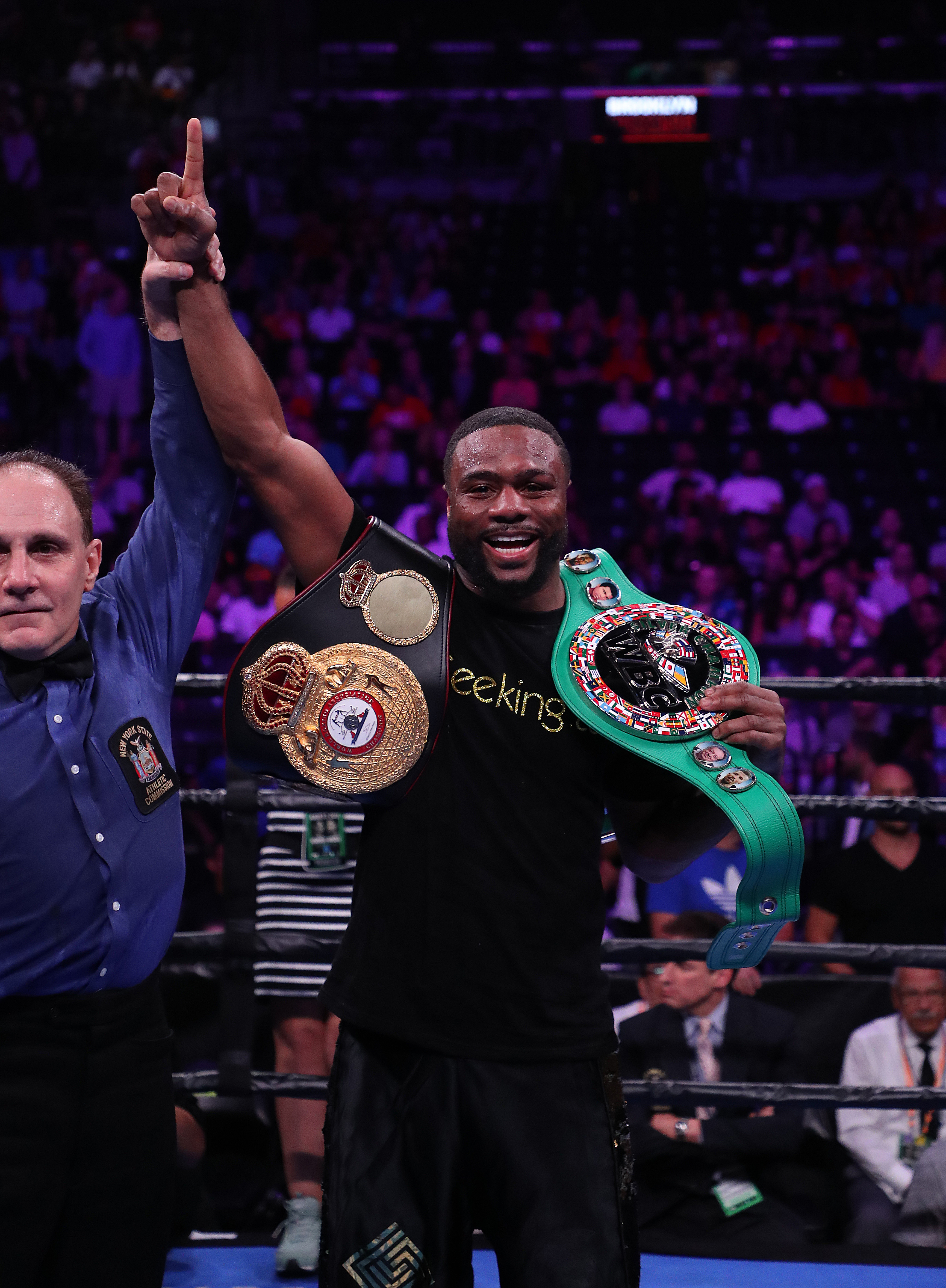 Jean Pascal celebrates his eighth round technical win after an accidental head but caused the fight to be stopped after their fight for Brown’s WBA interim light heavyweight title at Barclays Center on August 03, 2019 in New York City.
