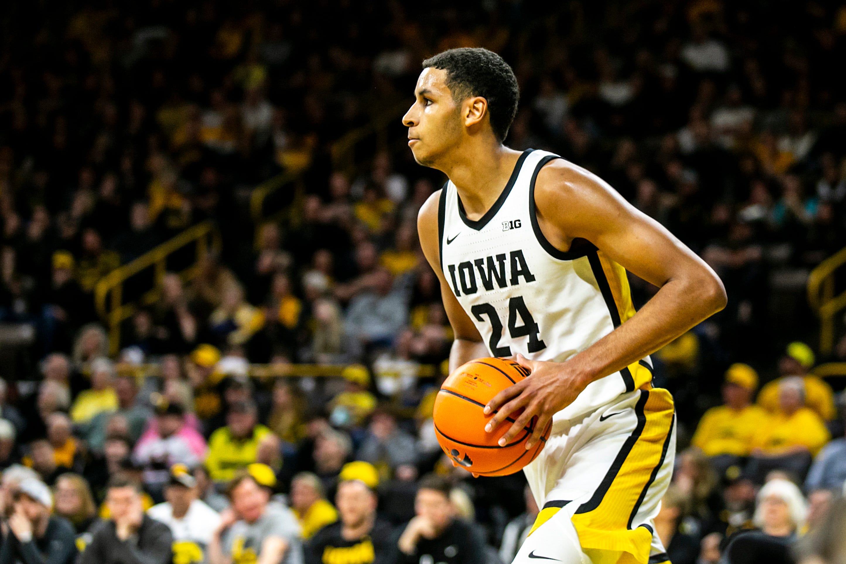 Iowa forward Kris Murray (24) inbounds the ball during a NCAA Big Ten Conference men’s basketball game against Nebraska, Sunday, March 5, 2023, at Carver-Hawkeye Arena in Iowa City, Iowa.