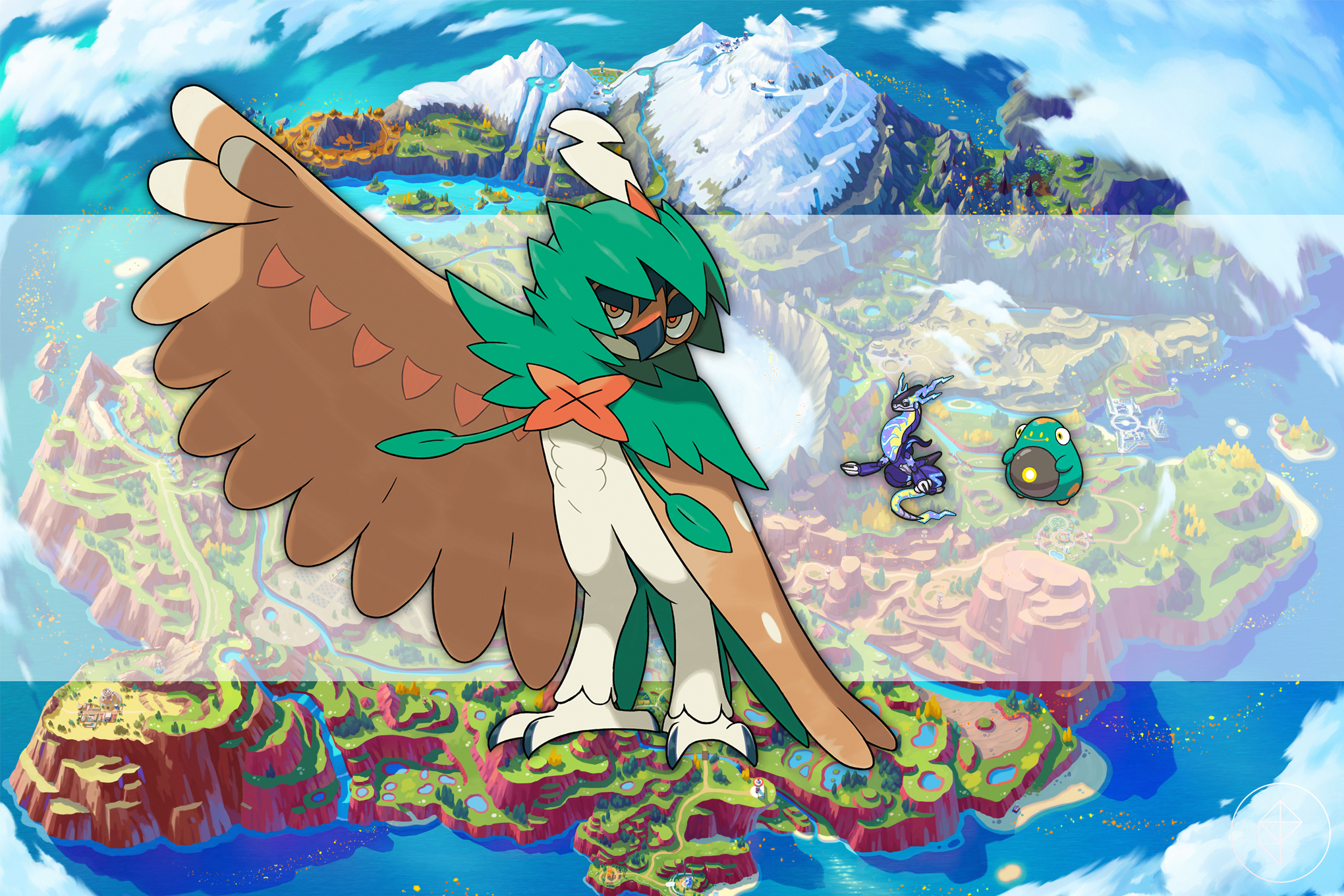 Decidueye with smaller images of Miraidon and Bellibolt over a map of Paldea