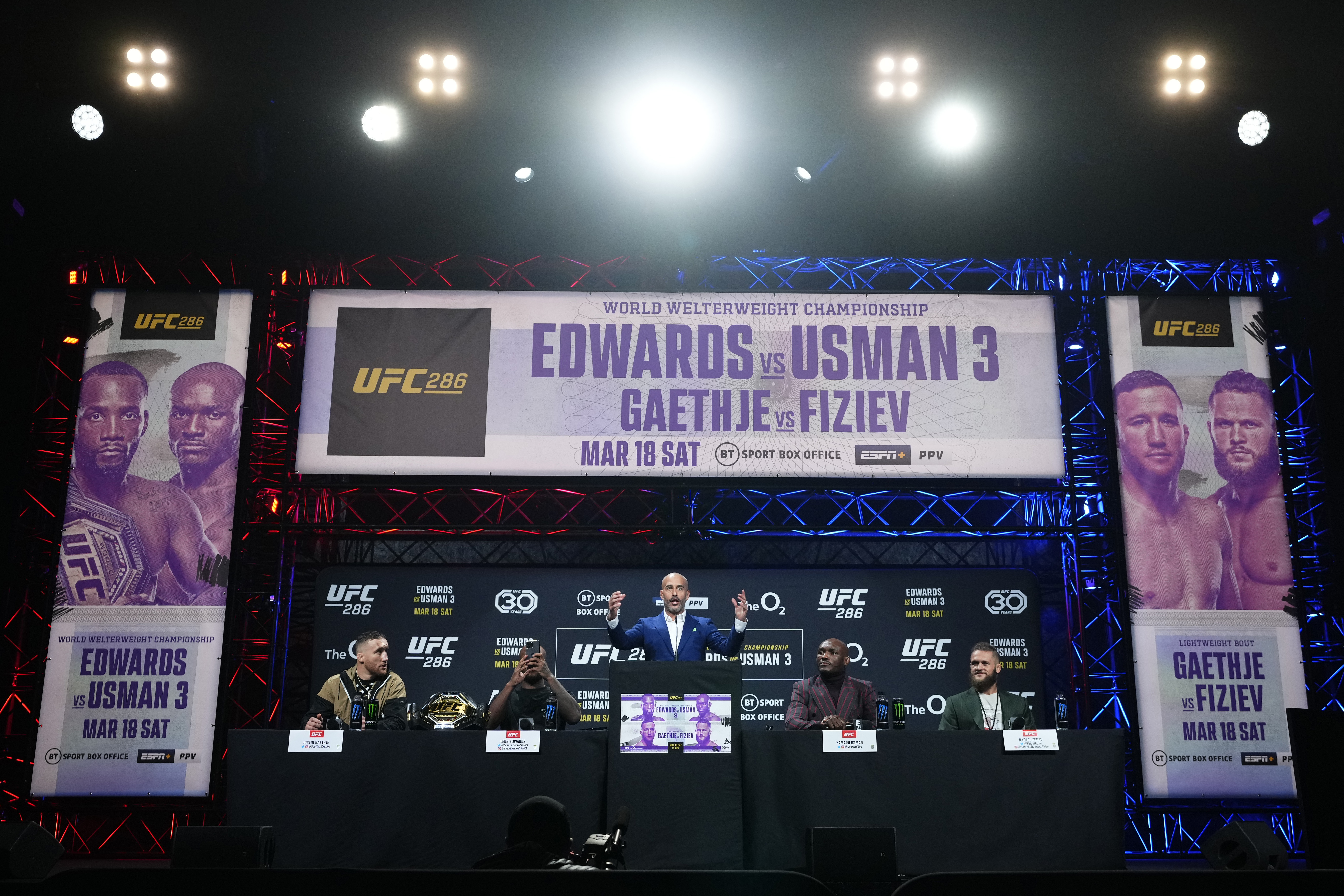 A general view of the stage during the UFC 286 press conference at Magazine London on March 16, 2023 in London, England.