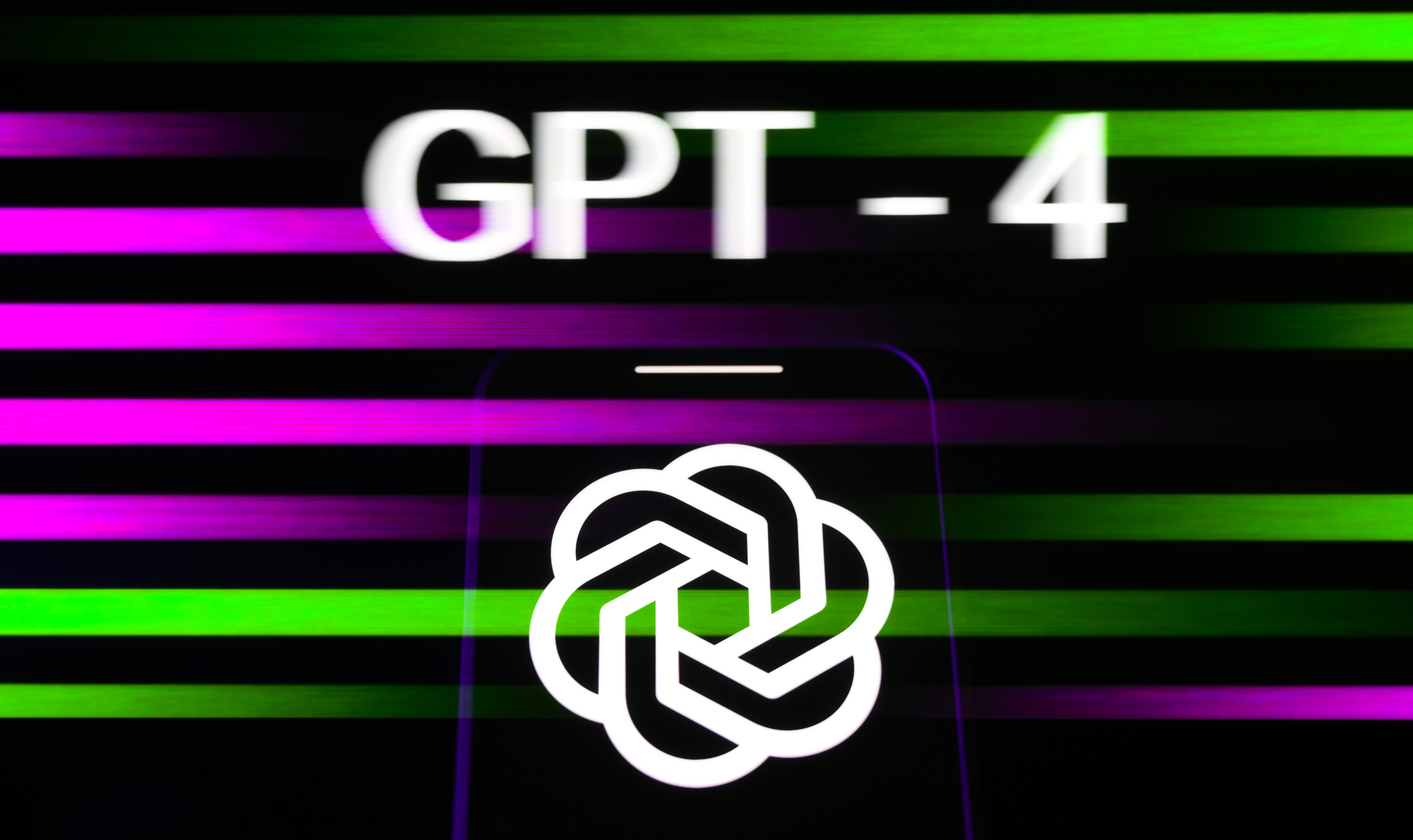 A graphic with horizontal purple and green lines, over which “GPT-4” and a flower shape are imposed.
