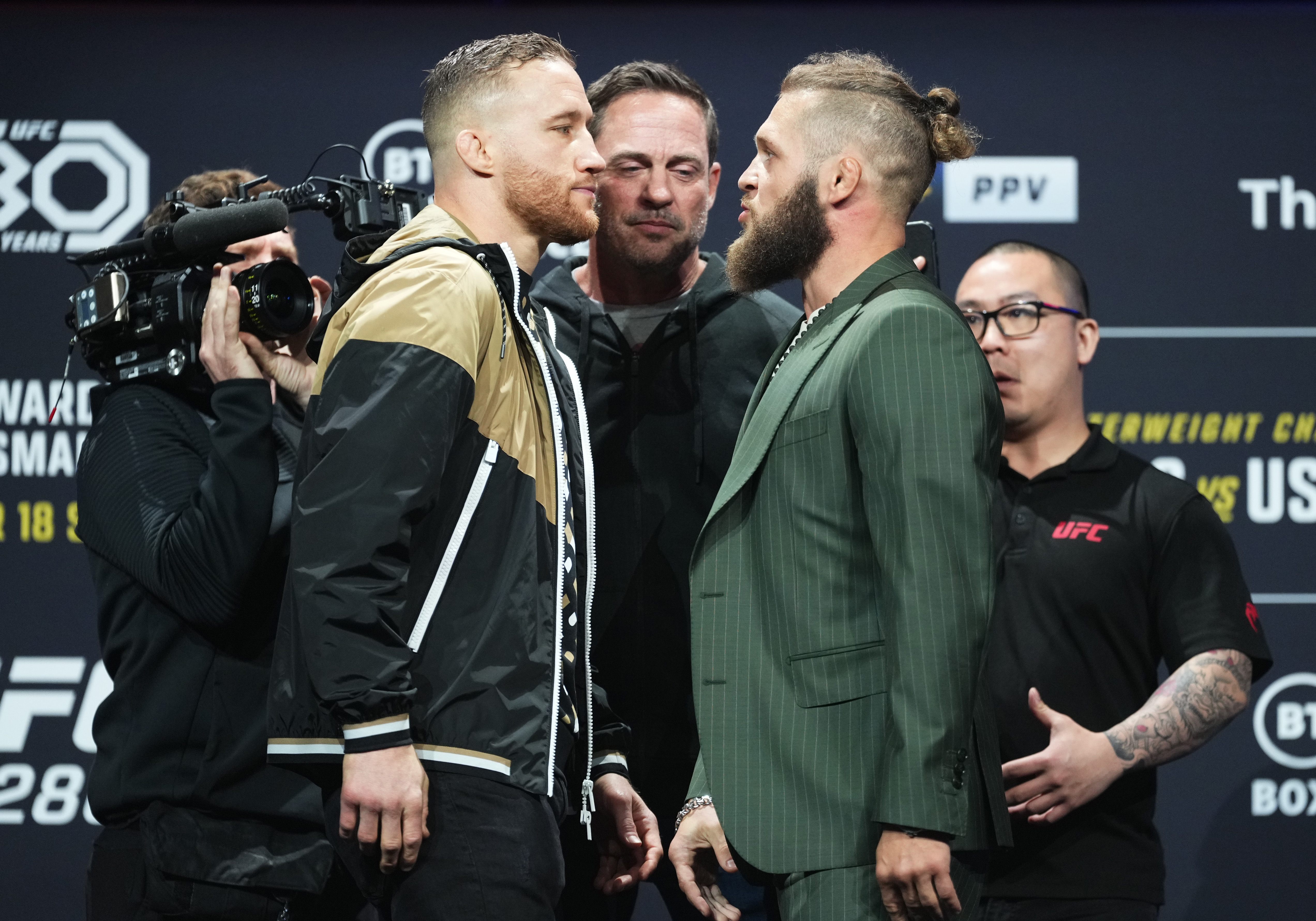 Opponents Justin Gaethje and Rafael Fiziev of Kazakstan face off during the UFC 286 press conference at Magazine London on March 16, 2023 in London, England.