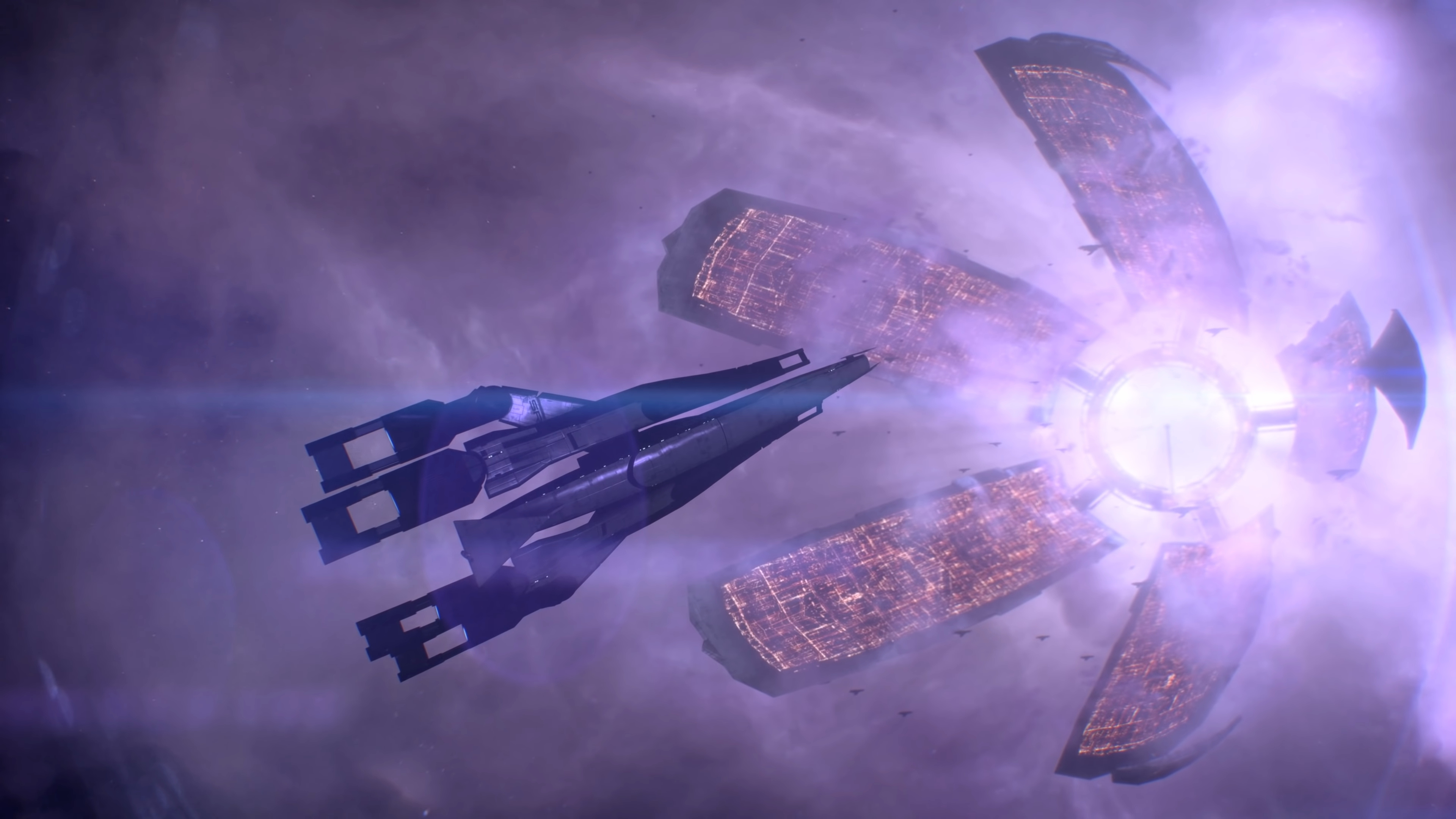 A space ship approaching a larger space vehicle in Mass Effect Legendary Edition.