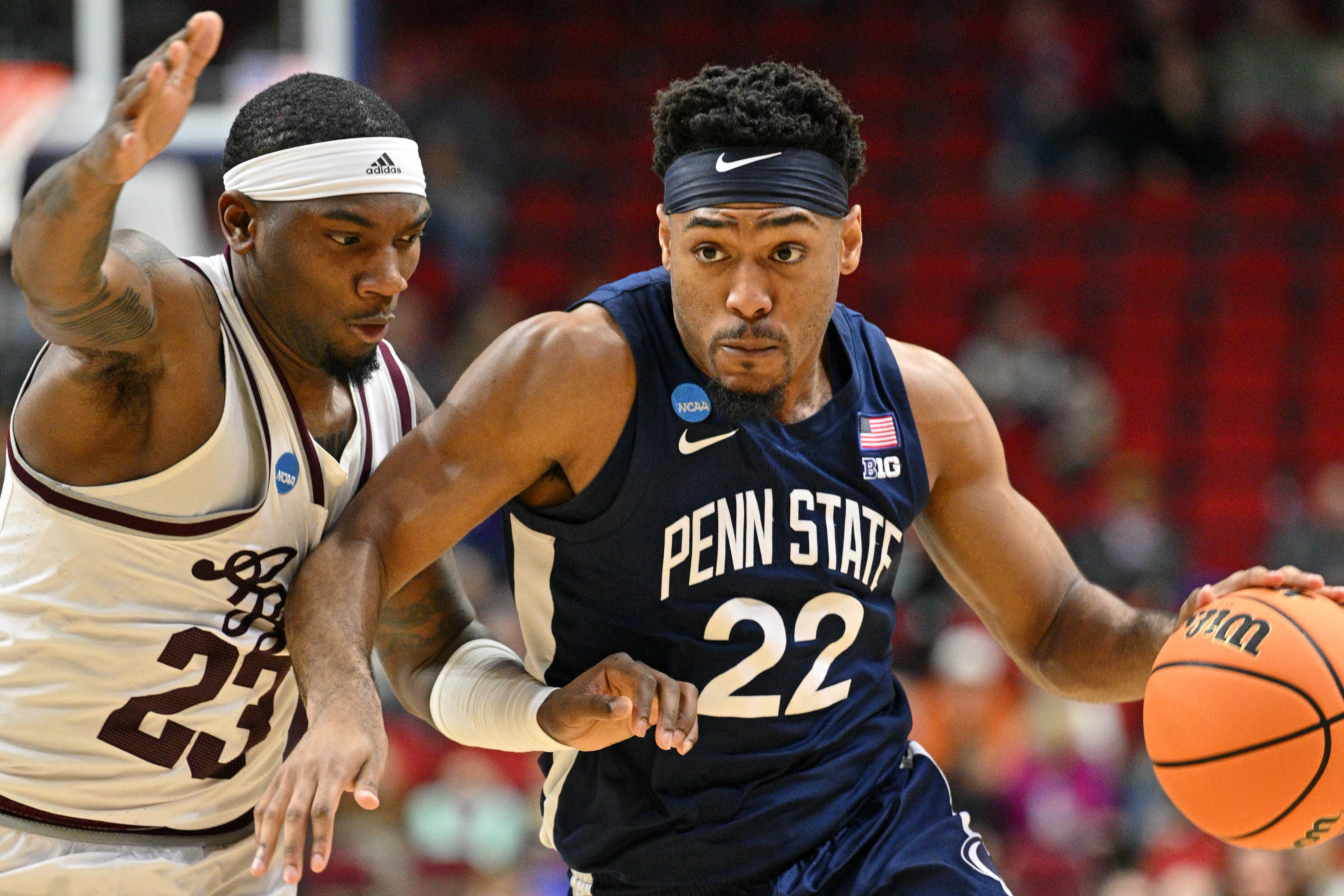 Mar 16, 2023; Des Moines, IA, USA; Penn State Nittany Lions guard Jalen Pickett (22) dribbles the ball against Texas A&amp;amp;M Aggies guard Tyrece Radford (23) during the first half at Wells Fargo Arena.