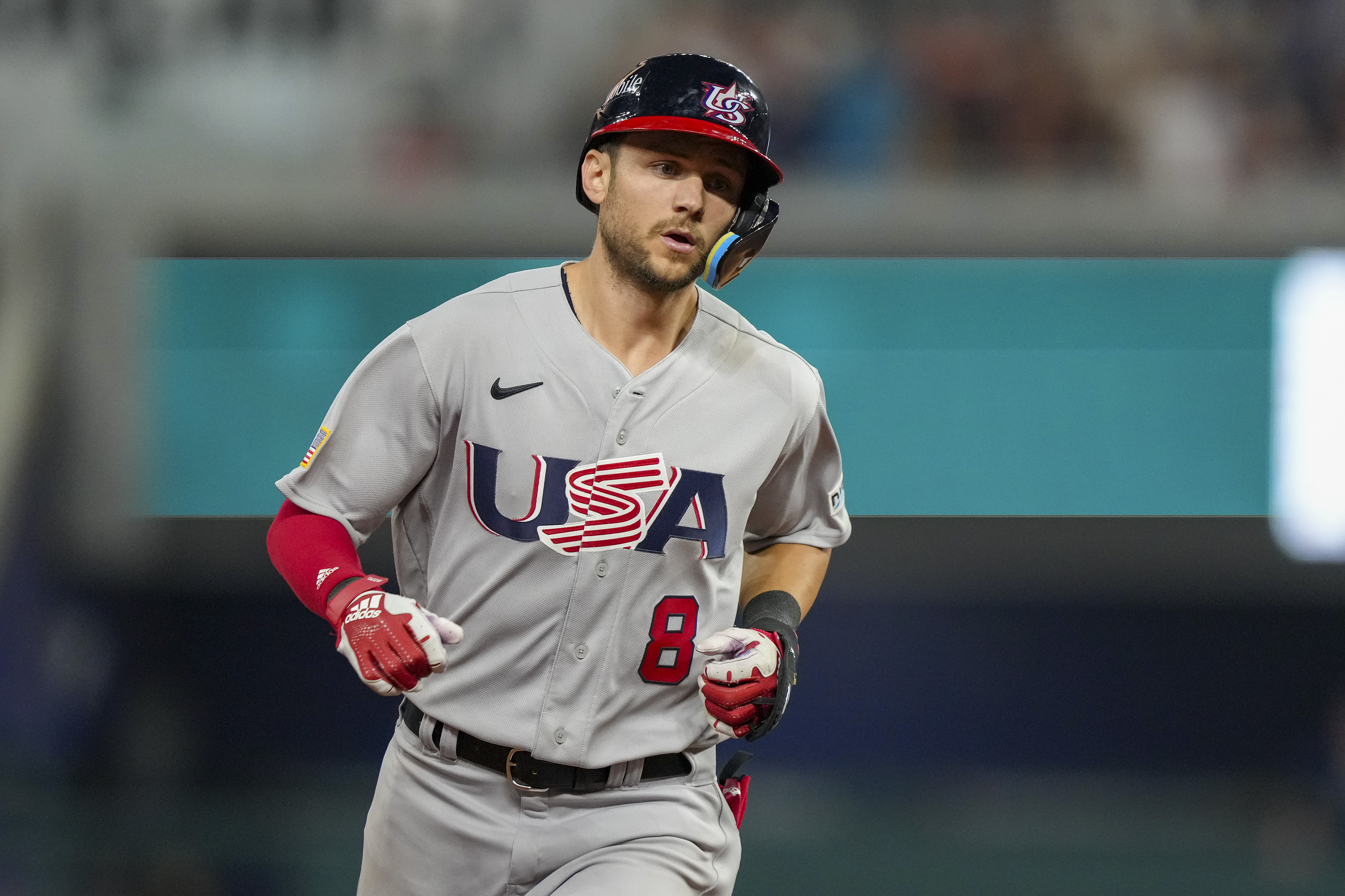 Trea Turner #8 of The United States rounds the bases after hitting a grand slam during the eighth inning of a 2023 World Baseball Classic Quarterfinal game against The United States at loanDepot park on March 18, 2023 in Miami, Florida.