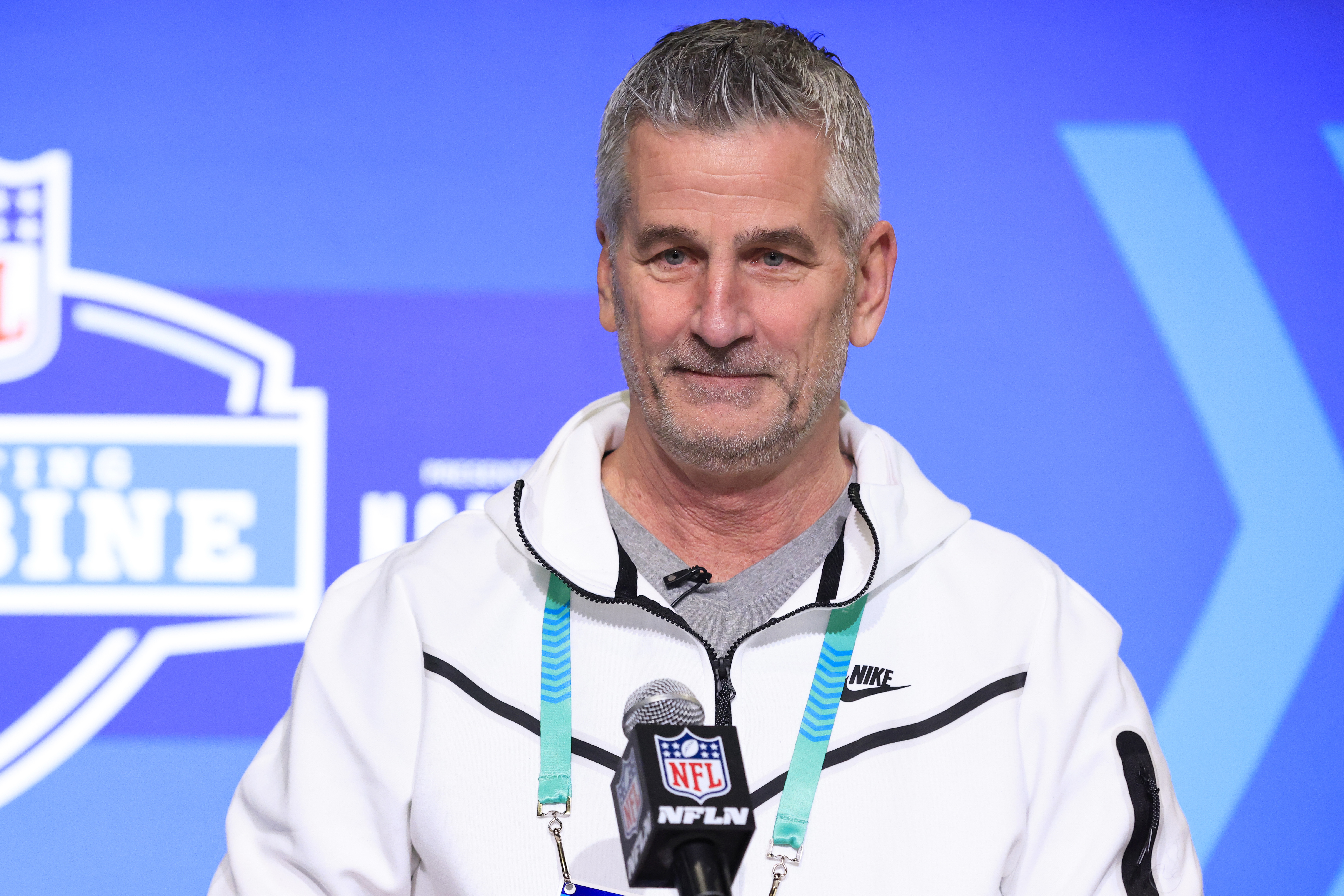 Head coach Frank Reich of the Carolina Panthers speaks to the media during the NFL Combine at Lucas Oil Stadium on March 01, 2023 in Indianapolis, Indiana.