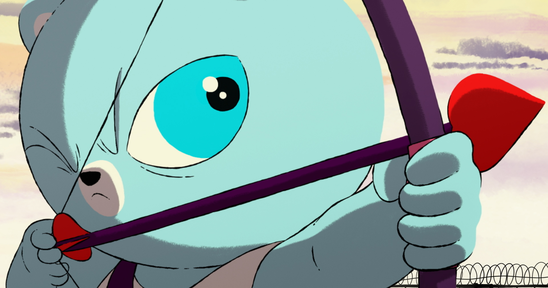 An extreme close-up of the eye and snout of Bluey, a true-to-his-name pastel blue teddy bear, as he glares at an offscreen target and aims a heart-shaped arrow in Unicorn Wars