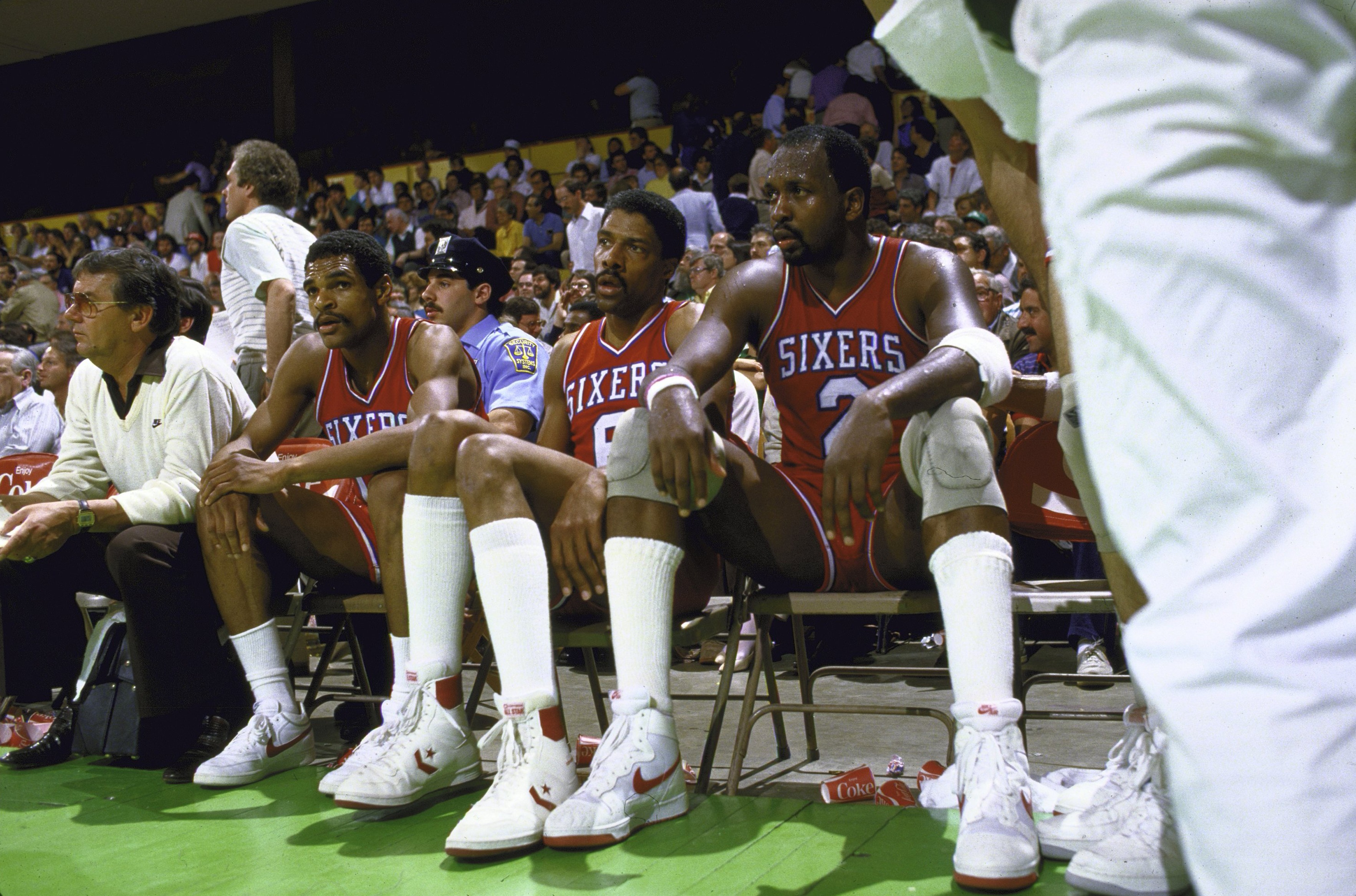 Philadelphia 76ers Maurice Cheeks, Julius Erving, and Moses Malone, 1985 NBA Eastern Conference Finals