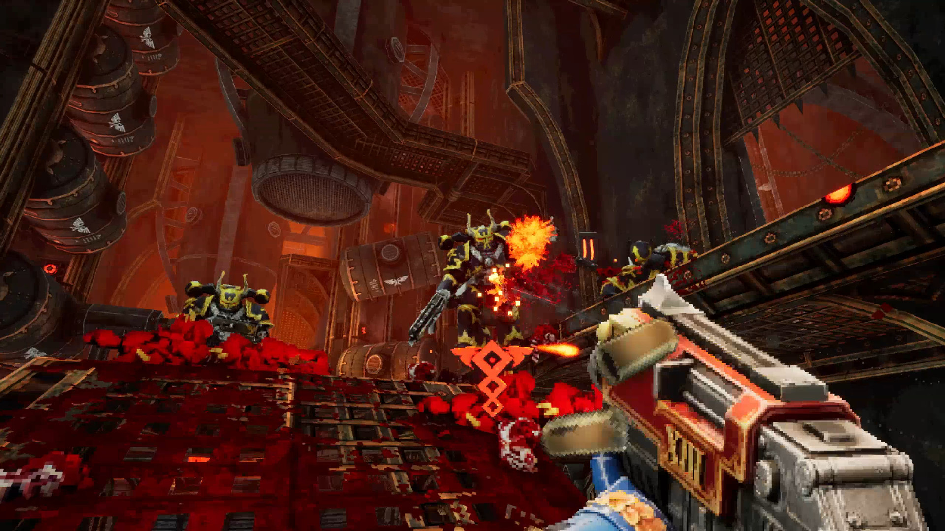 The protagonist Ultramarine mows down a Chaos Space Marine in Warhammer 40K: Boltgun. The style looks a lot like the original Doom.