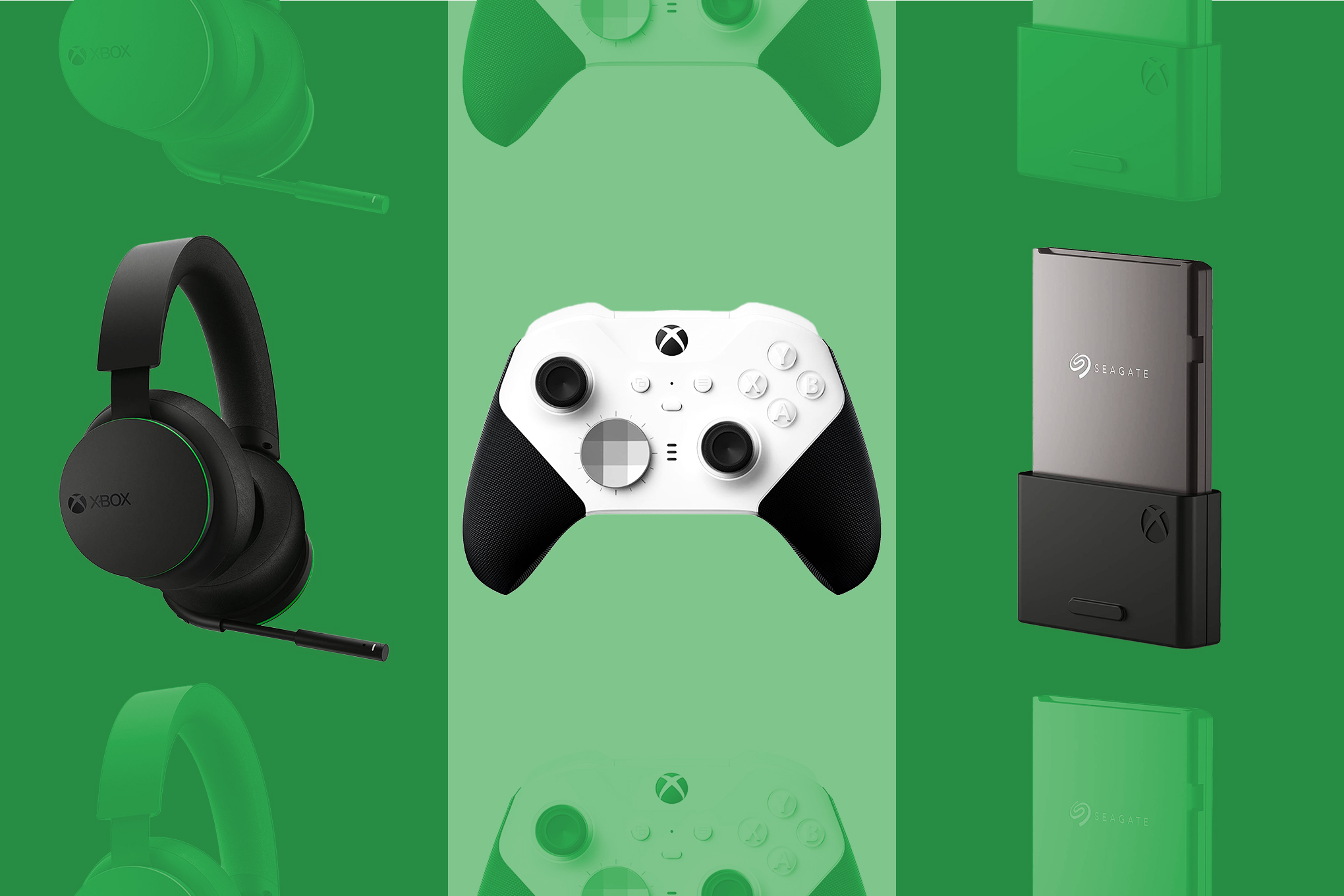 A graphic of three Xbox Series X accessories next to each other. From left to right, it’s the official Xbox wireless headset in black, the white and black Xbox Elite Series 2 Core controller, and Seagate’s Xbox Series X expansion card.
