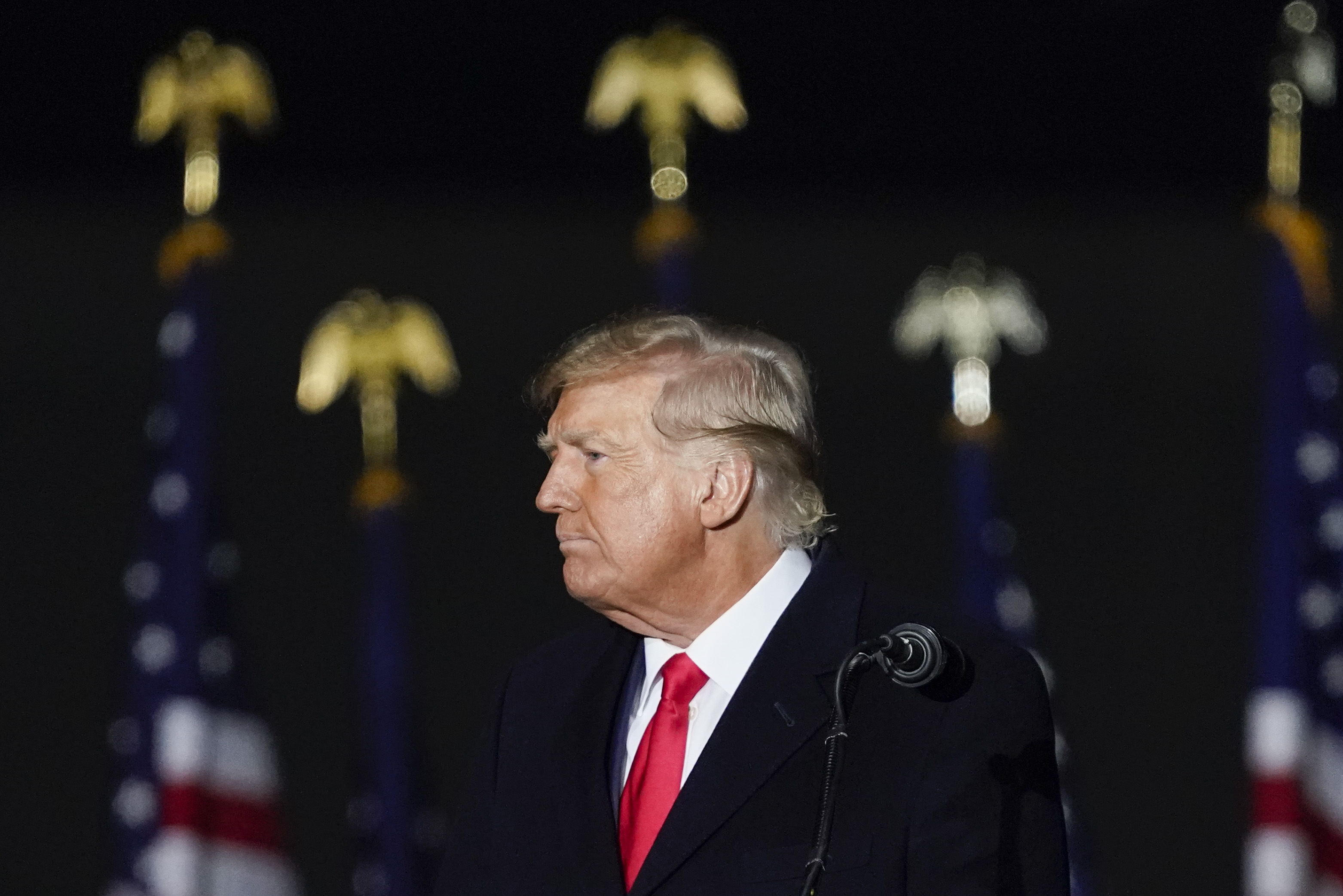 Trump in profile facing left, with American flags in the background. 