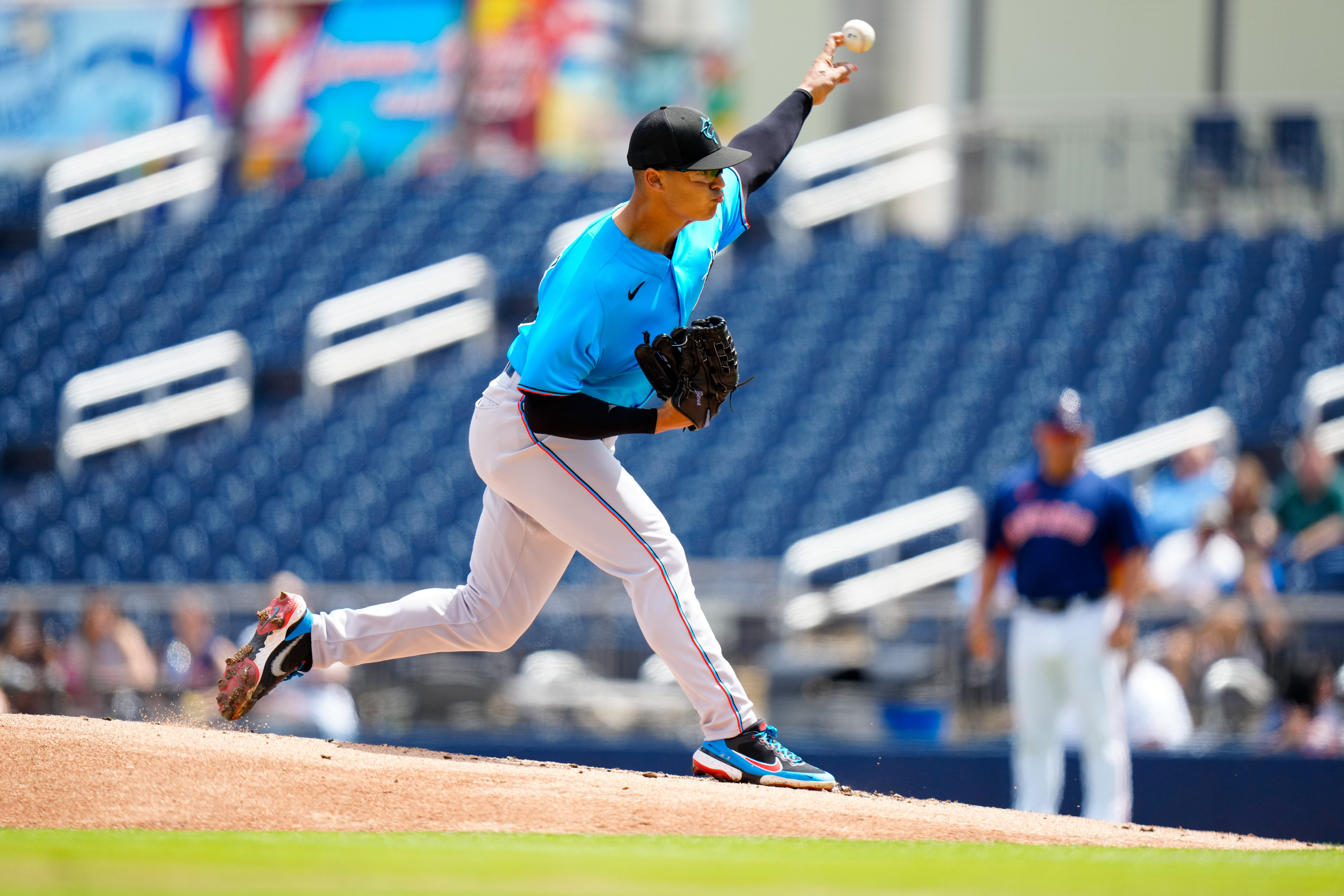 West Palm Beach, Florida, USA; Miami Marlins starting pitcher Jesus Luzardo (44) throws a pitch against the Houston Astros during the first inning at The Ballpark of the Palm Beaches.