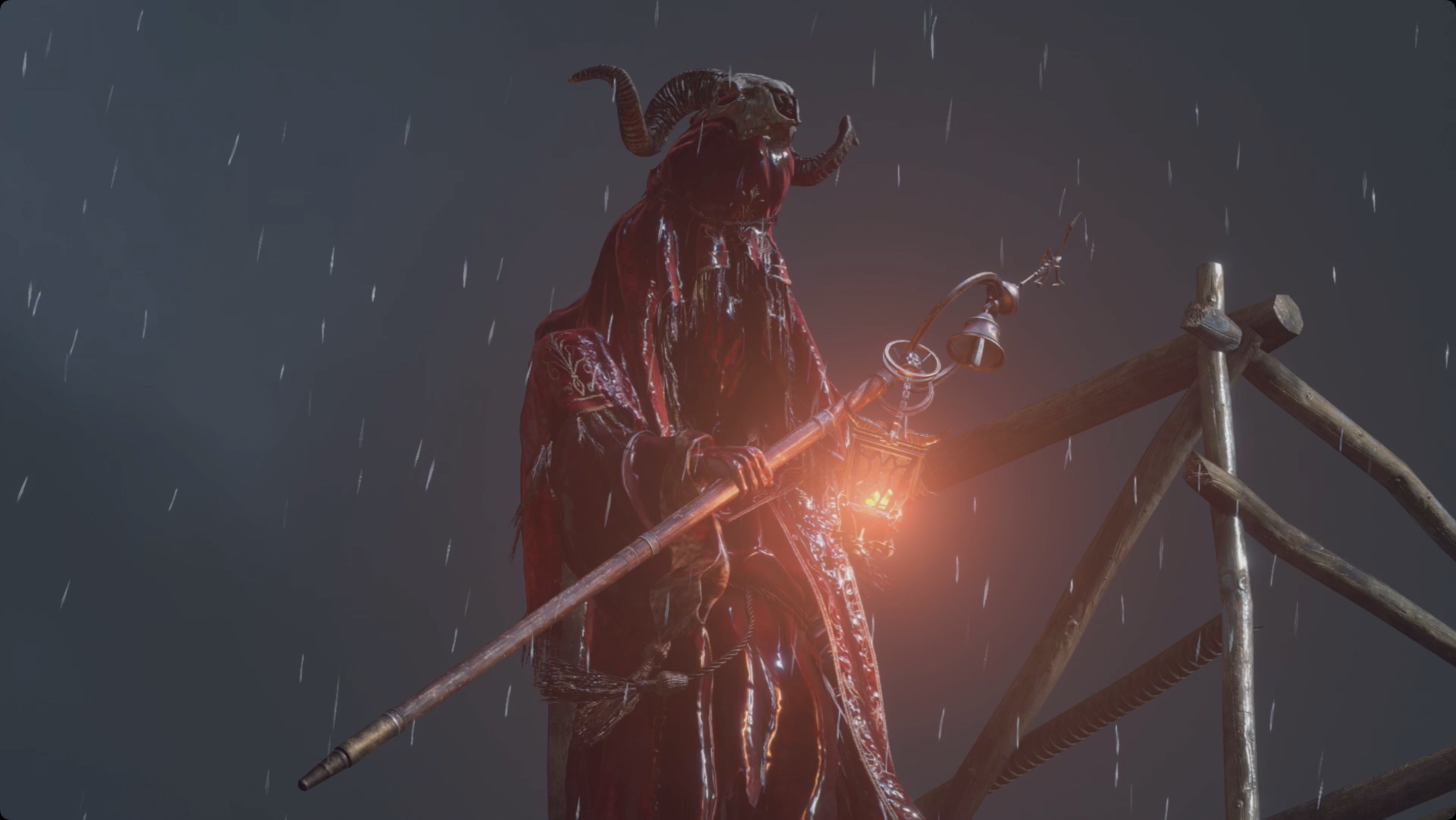 A Resident Evil 4&nbsp;remake&nbsp;cultist with red robes and a bull skull on his head