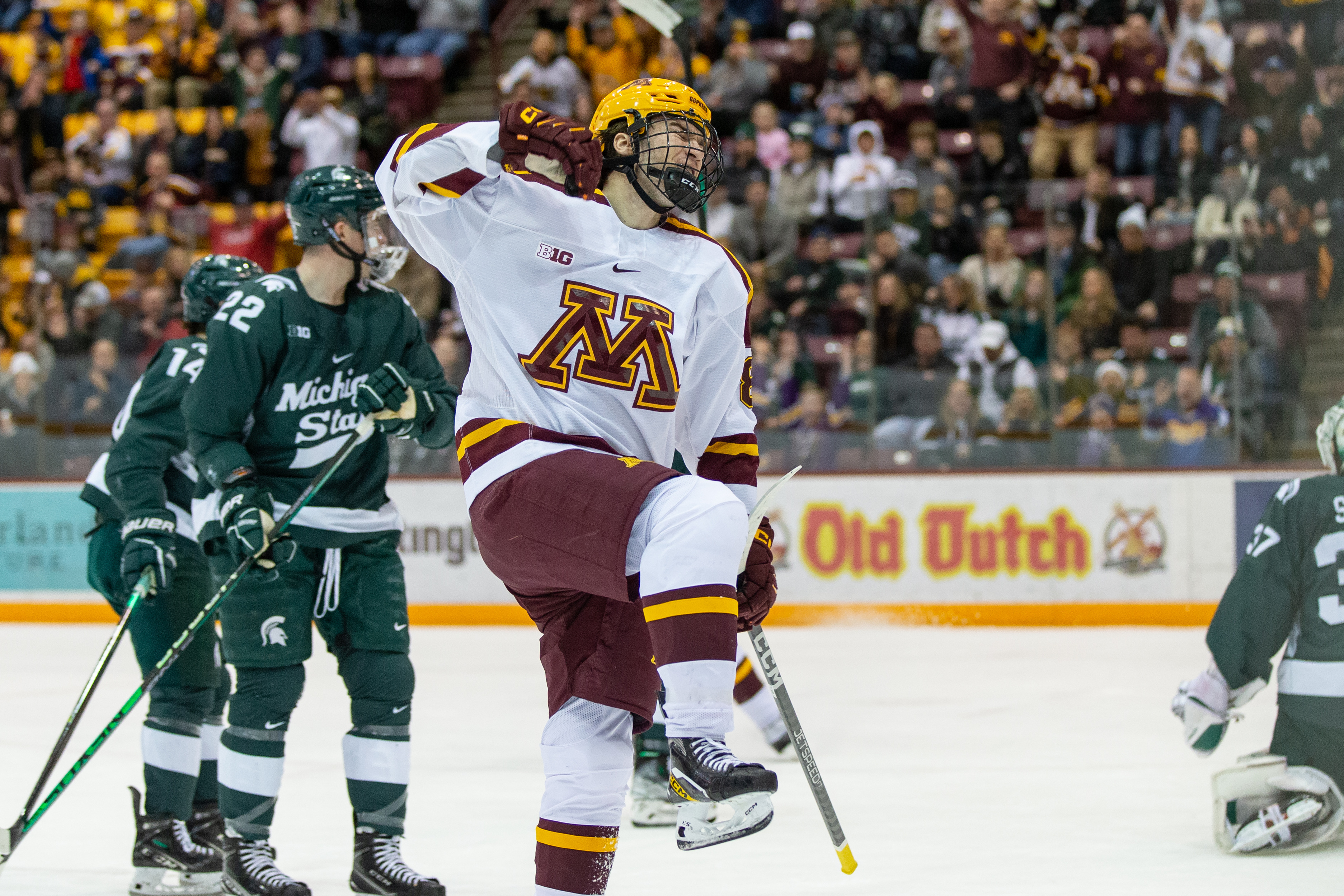 Minnesota Gophers forward Jimmy Snuggerud (81) celebrates a goal during the college hockey game between the Michigan State Spartans and the Minnesota Gophers on January 27th, 2022, at 3M Arena at Mariucci in Minneapolis, MN.