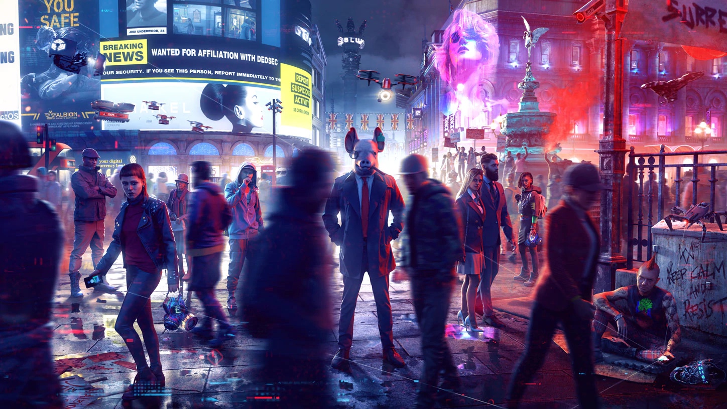 Artwork of a crowd shot from Watch Dogs Legion