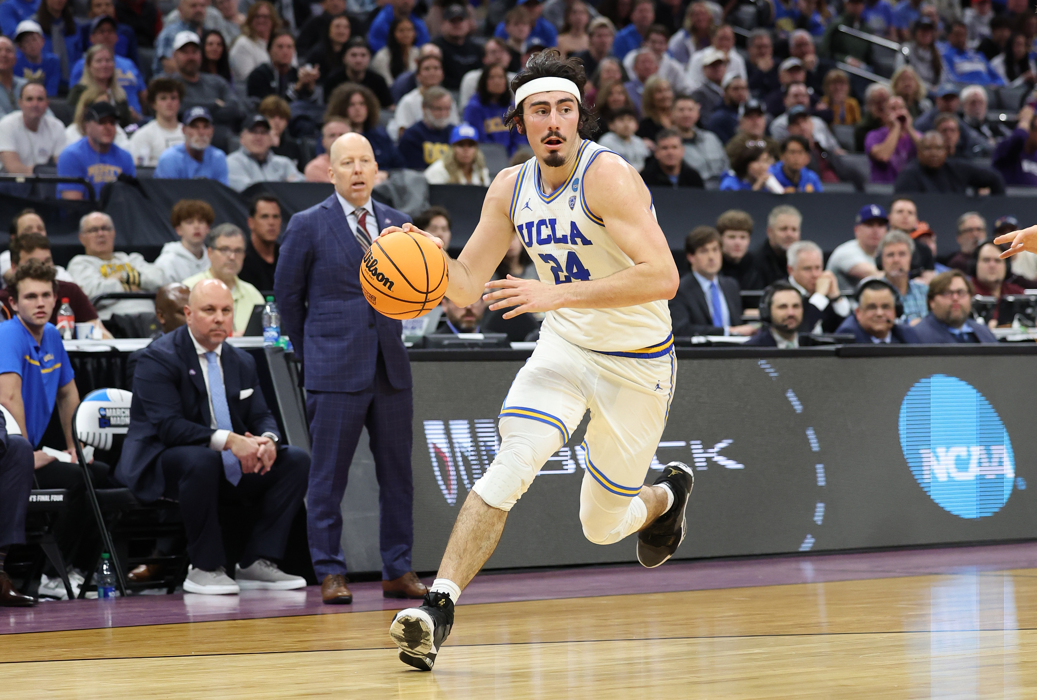 &nbsp;Jaime Jaquez Jr. #24 of the UCLA Bruins drives during the second half against the Northwestern Wildcats in the second round of the NCAA Men’s Basketball Tournament at Golden 1 Center on March 18, 2023 in Sacramento, California.