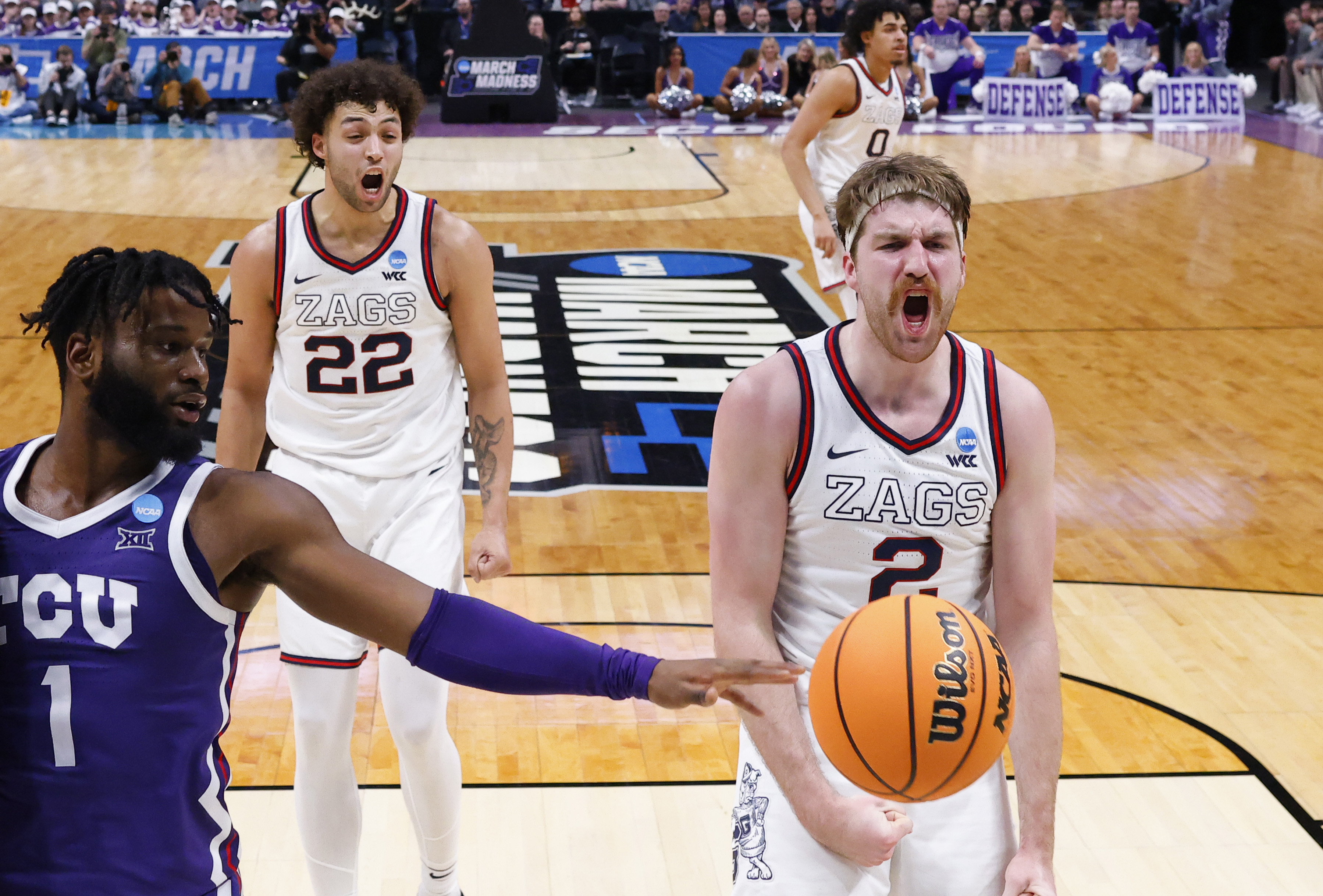 Drew Timme #2 of the Gonzaga Bulldogs reacts after a basket during the second half against the TCU Horned Frogs in the second round of the NCAA Men’s Basketball Tournament at Ball Arena on March 19, 2023 in Denver, Colorado.