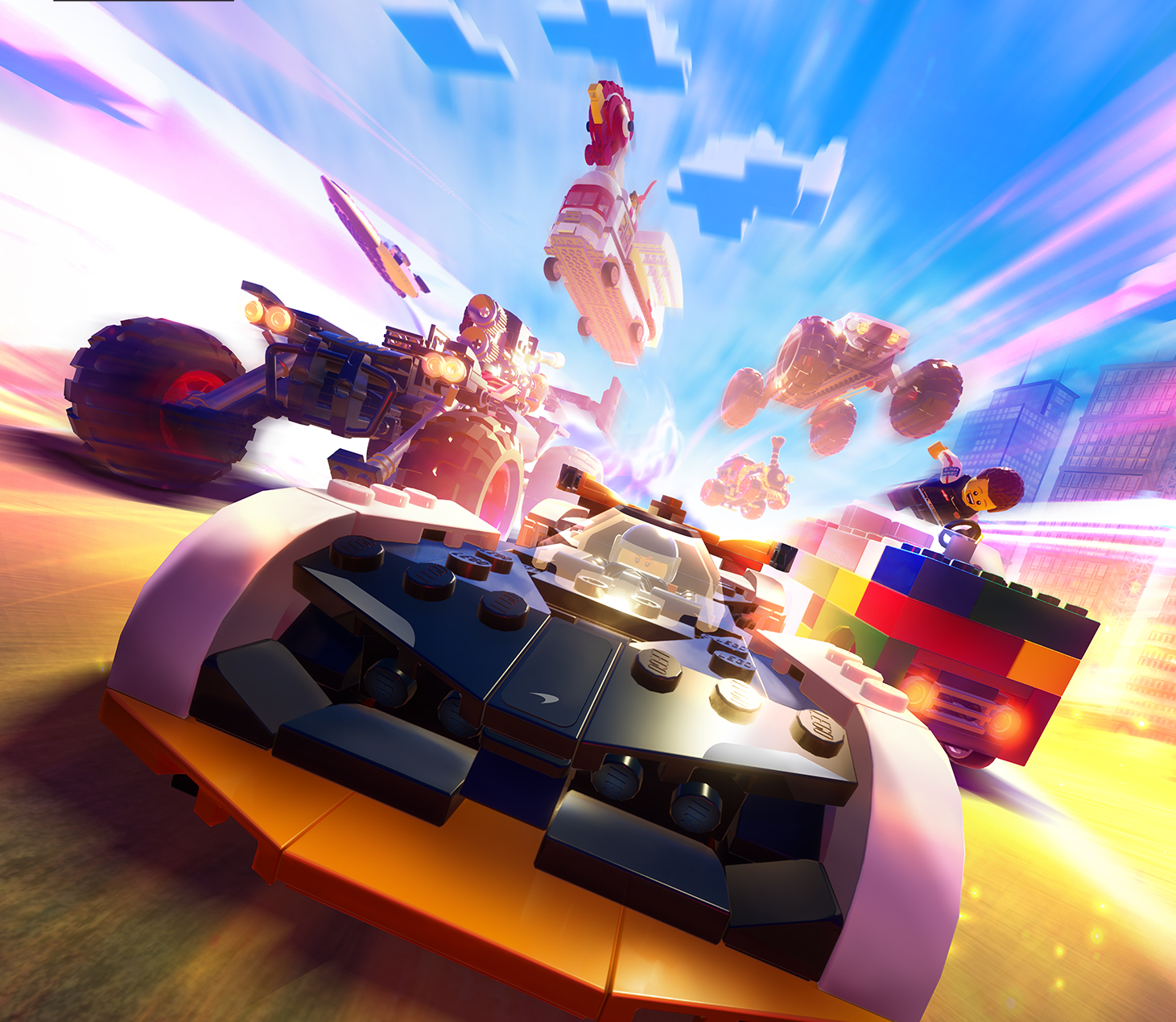 Artwork from Lego 2K Drive, featuring a variety of Lego-made cars racing toward the camera