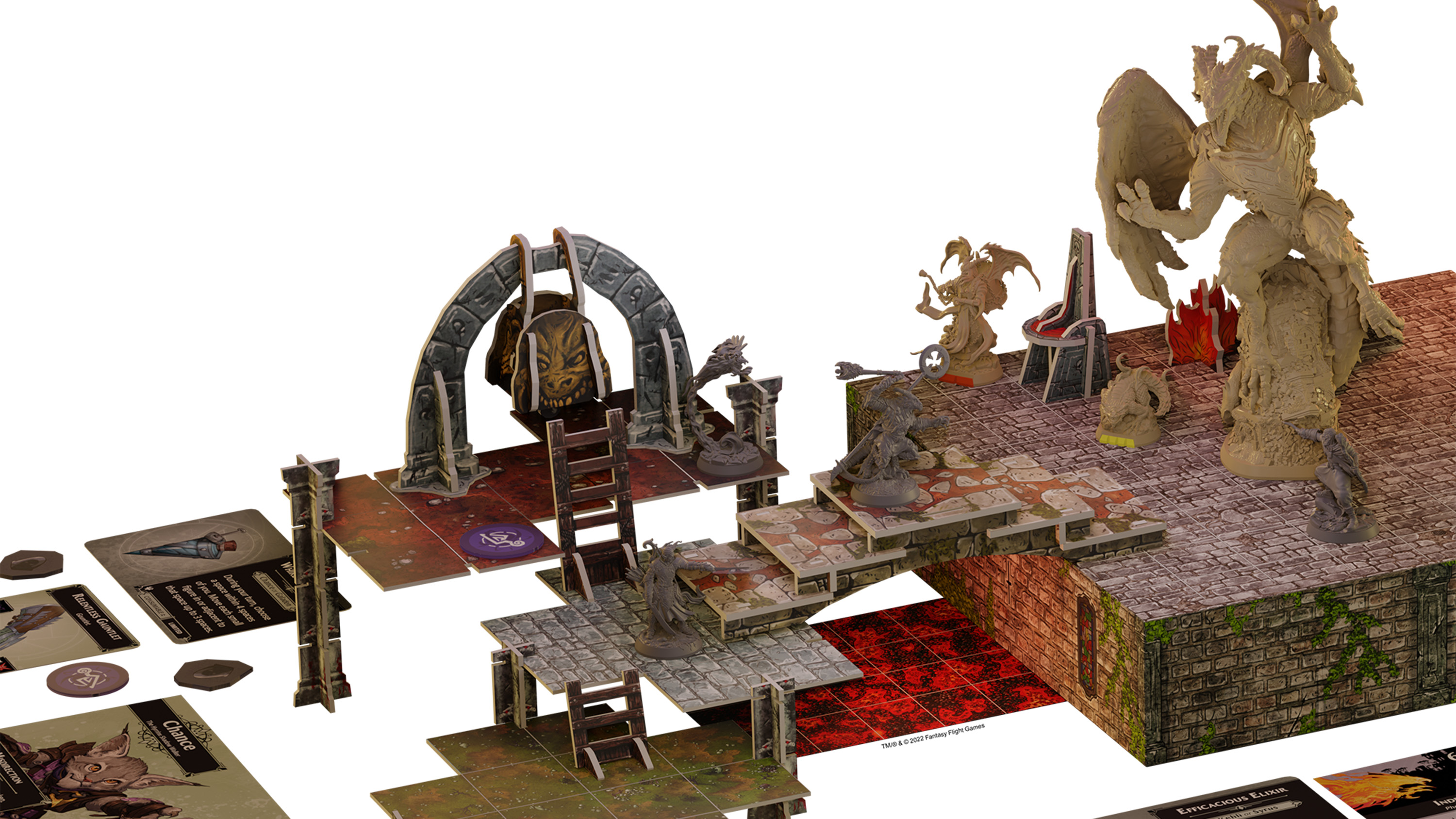 An elaborate game board with several tiers, all supported by cardboard pillars. There’s a bell on one side, and a giant winged creature on the other.