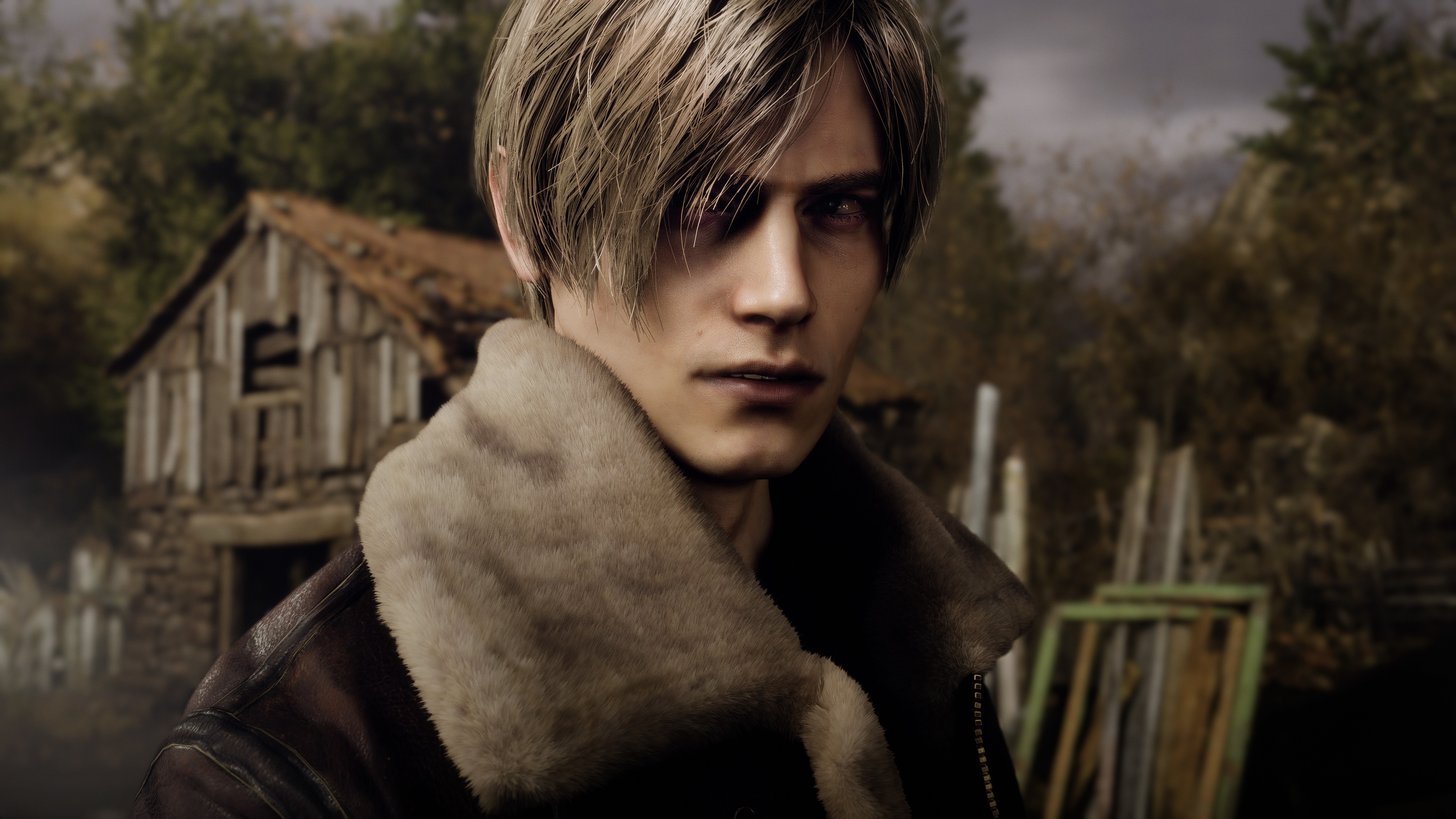 A close-up shot of Leon Kennedy from the Resident Evil 4 remake