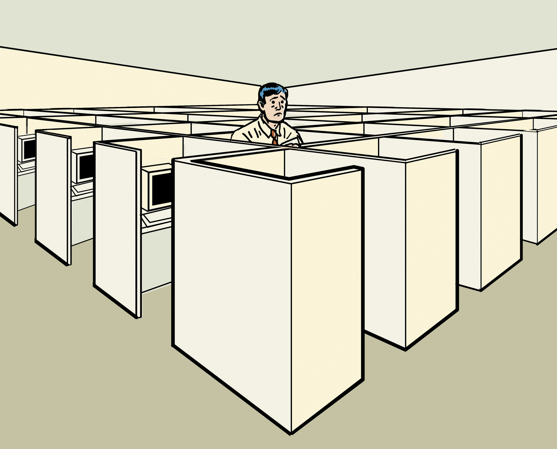 Illustration of a man’s head and shoulders seen amid rows of cubicles. 